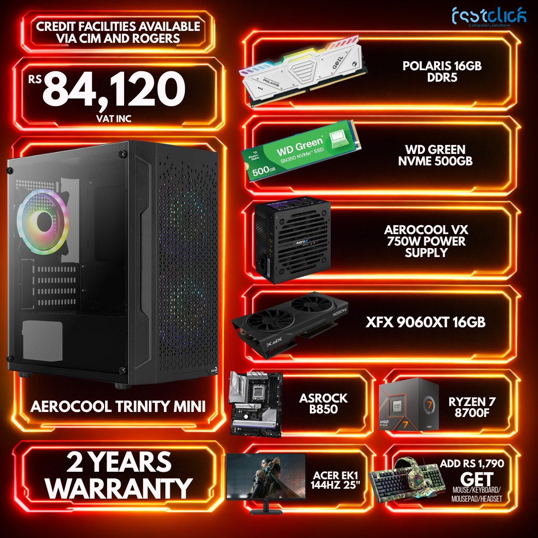 May be an image of text that says "CREDIT FACILITIES AVAILABLE VIA CIM AND ROGERS χεστιιή RS 84, 84,120 VAT VATINC INC POLARIS 16GB DDR5 WD Green 55D ዓራሽ SONTE 500 WD GREEN EEN NVME 500GB 0 1) |nHHHHH |Hs ,BEISSUU AEROCOOL VX 750W POWER SU...