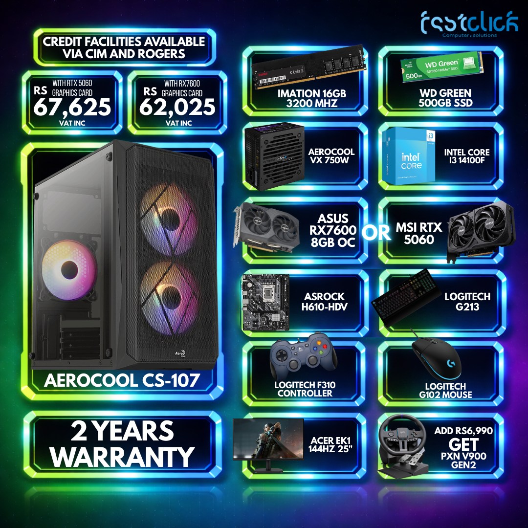 May be an image of text that says "CREDIT FACILITIES AVAILABLE CIM AND ROGERS RS WITHRTX5060 GRAPHOSGARD 67,625 VAT ATINC NC σειικ WITHRX7600 RX7600 RS CRAPHIOSCA 62,025 VATINC INC WD Green 500 កម្ួដជជ IMATION 16GB 3200MHZ MHZ WD GRE...