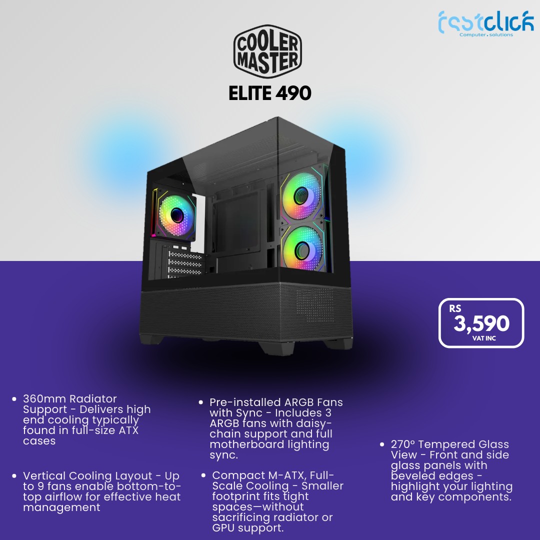 May be an image of ‎text that says "‎Esstclicó טזז3) anguter.Sakdians ohstions omputer. COOLER MASTER ELITE ELITE490 490 이 HoжaHbl on おなの二なる RS 3,590 VATI TINC 360mm Radiator Support high end cooling typically found full- size AT...