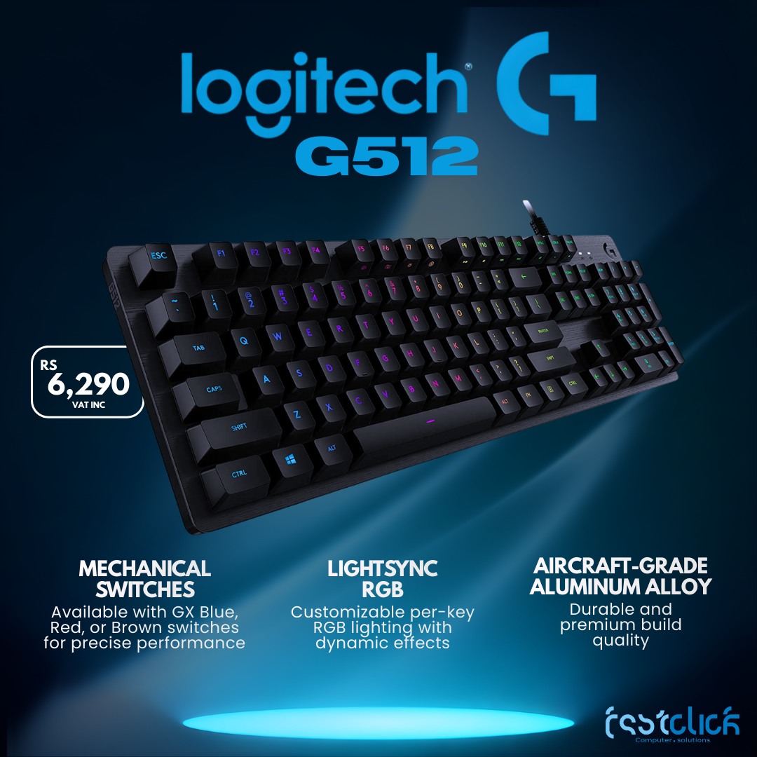 May be an image of text that says "logitech )) G512 RS 6 ,290 VATINC INC MECHANICAL SWITCHES AvailablewithG Available with GX Blue, Red, Red,orBrownswitches or Brown switches for orpreciseperformance precise performance LIGHTSYNC SYNC RGB Customizable ...