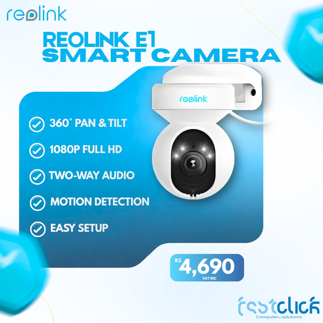 May be an image of text that says "reolink REOLINK E1 SMARTCAMERA SMART CAMERA reolink 360 PAN & TILT 1080P FULL 1080PFULLHD HD TWO-WAY AUDIO MOTION DETECTION EASY SETUP RS 4,690 VATINC VATINC Computer. omputer.solutions solutions"