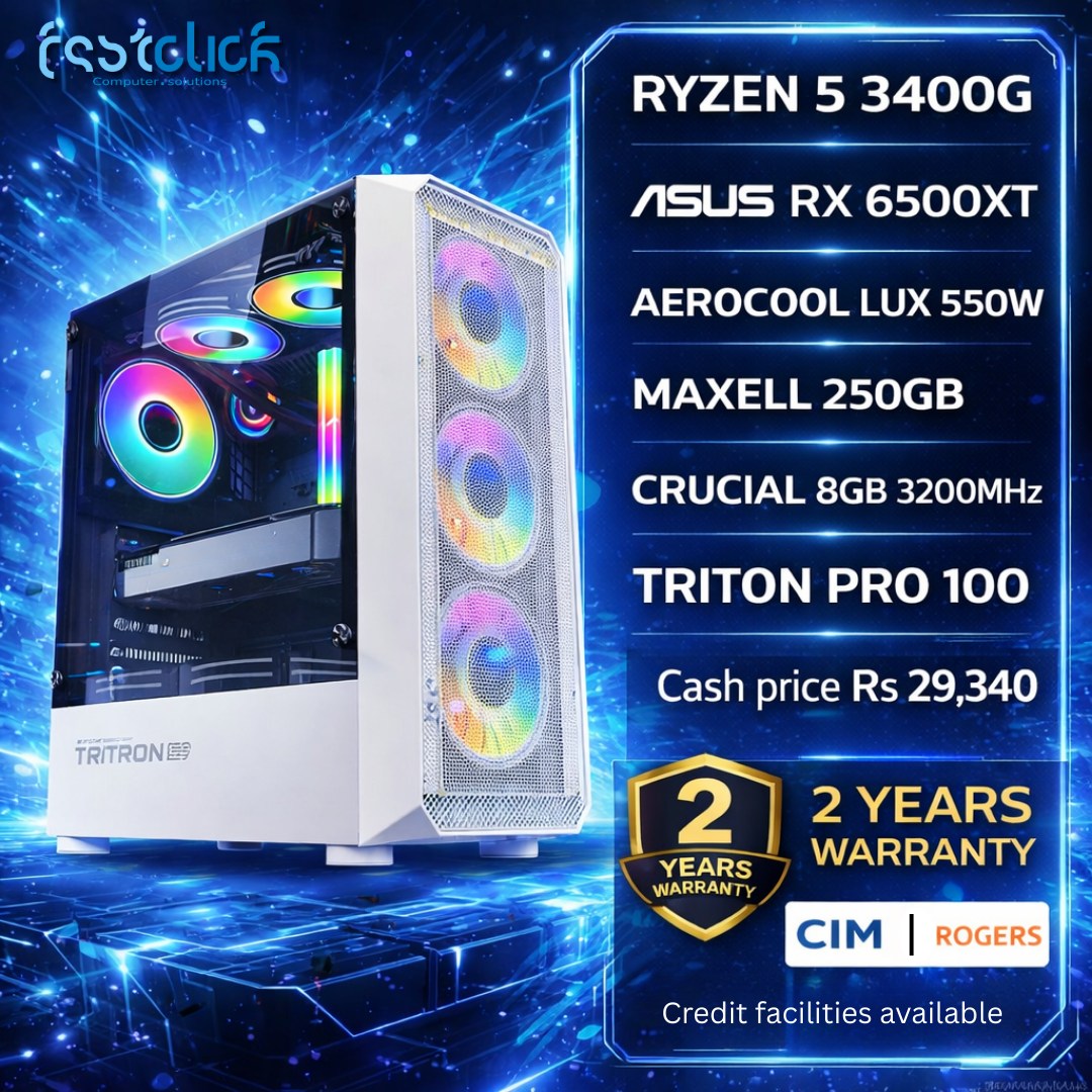 May be an image of text that says "Ésstolich RYZEN 5 3400G ASUS RX 6500XT AEROCOOL LUX 550W MAXELL 250GB iỢe 韓山 G-BSBISSaI H BEN CRUCIAL 8GB 3200MHz TRITON PRO 100 TRITRONES Cash price Rs 29,340 2 YEARS WARRANT 2 YEARS WARRANTY CIM I ROGERS Cred...