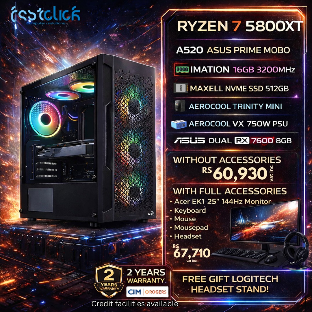 May be an image of text that says "EssIclICÉ RYZEN 7 5800XT A520 ASUS PRIME MOBO IMATION 16GB 3200MHz 5 MAXELL NVME SSD 512GB AEROCOOL TRINITY MINI OF AEROCOOL VX 750W PSU ារបបារន HHNN ASUS DUAL SRIETTSRIDITAR RX 7600 8GB WITHOUT ACCESSO...