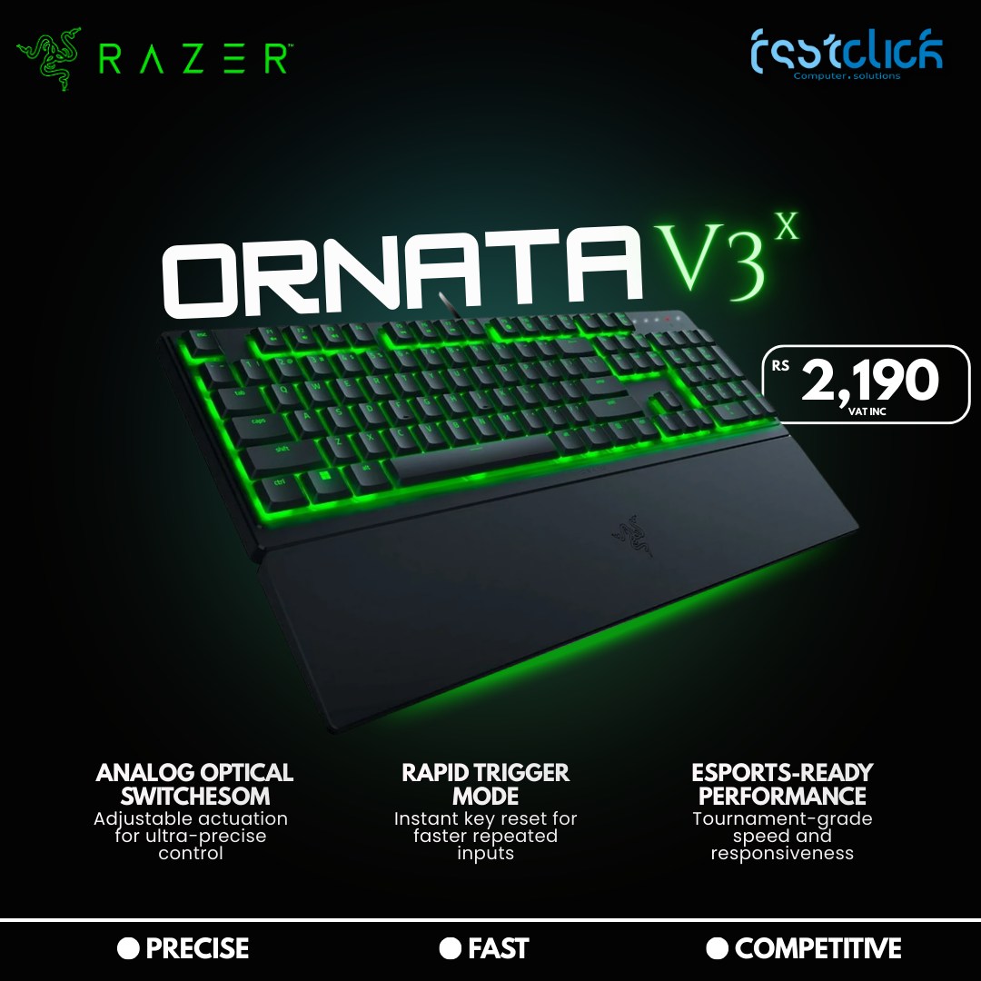 May be an image of text that says "RAZER EsseclIcÉ ORNATAV3 RS 2,190 VATINC ANALOGOPTICAL ANALOG OPTICAL SWITCHESOM Adjustable actuation for or ultra- precise control RAPID TRIGGER MODE Instant reset for faste epeated inputs ESPORTS-READY PERFORMANCE ...