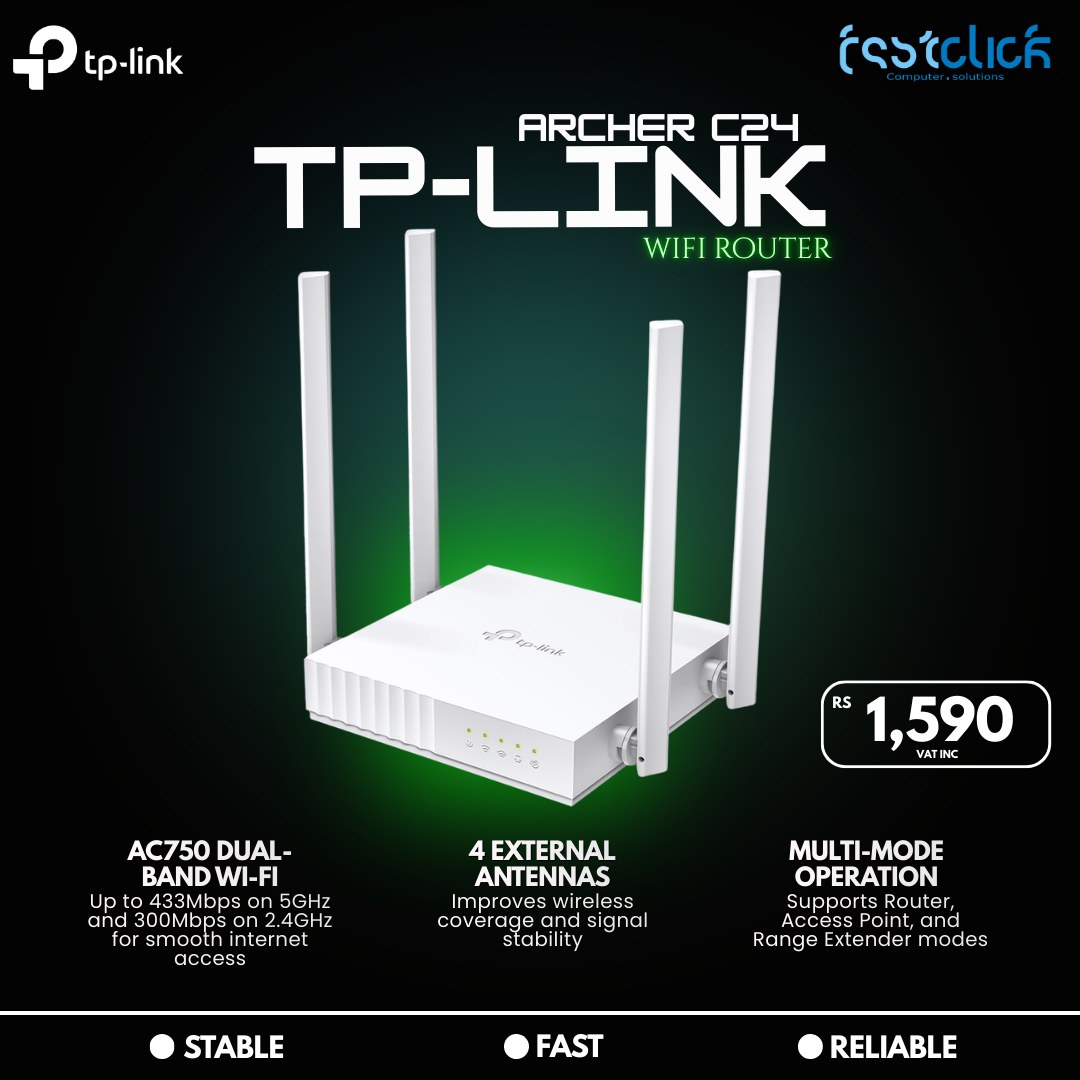 May be an image of text that says "ቦ tp-link ค ARCHER C24 TP-LINK WIFI ROUTER つ ชิวว RS 1,590 VATINC AC750 DUAL- BANDWI-FI WI-FI BAND Up 433Mbpson 5GHz ano 300Mbps n2.4GHz and300Mbps.on2.4GHz .4GHz for smooth ernet access 4 EXTERNAL ANTEN...