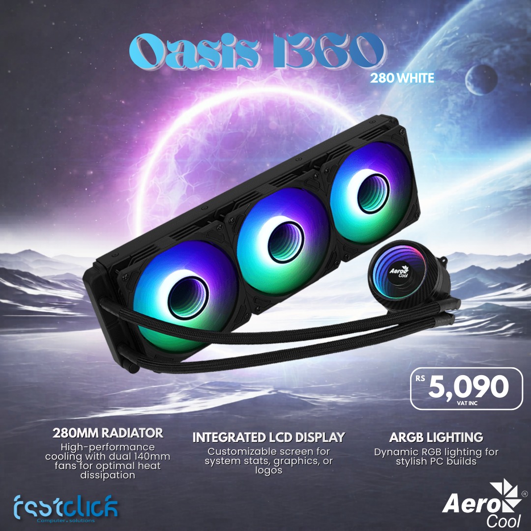 May be an image of speaker and text that says "Oasis1360 Oasis 1360 280 280WHITE WHITE Aerpa 280MM 280MMRADIATOR RADIATOR ligh-performance cooling dual 140mm fans optimal dissip dissipation pa EsstclicA RS 5,090 VATINC INTEGRATED INTEGRATEDLCDDISPL LCD...