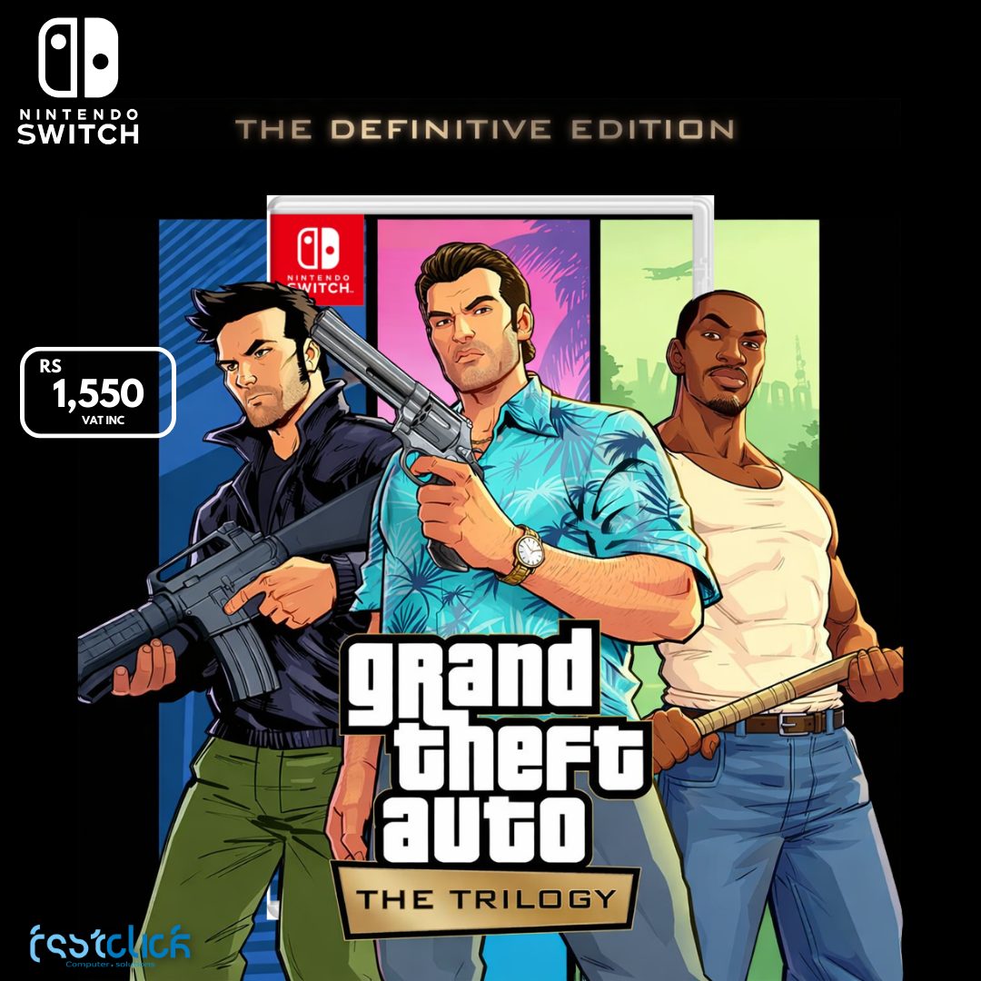 May be an image of ‎video games, controller and ‎text that says "‎NINTENDO SWI SWITCH THE DEFINITIVE EDITION WITCH RS VATINC M 1,550 e AT TINC اللال gRand theft auto THE TRILOGY ค‎"‎‎