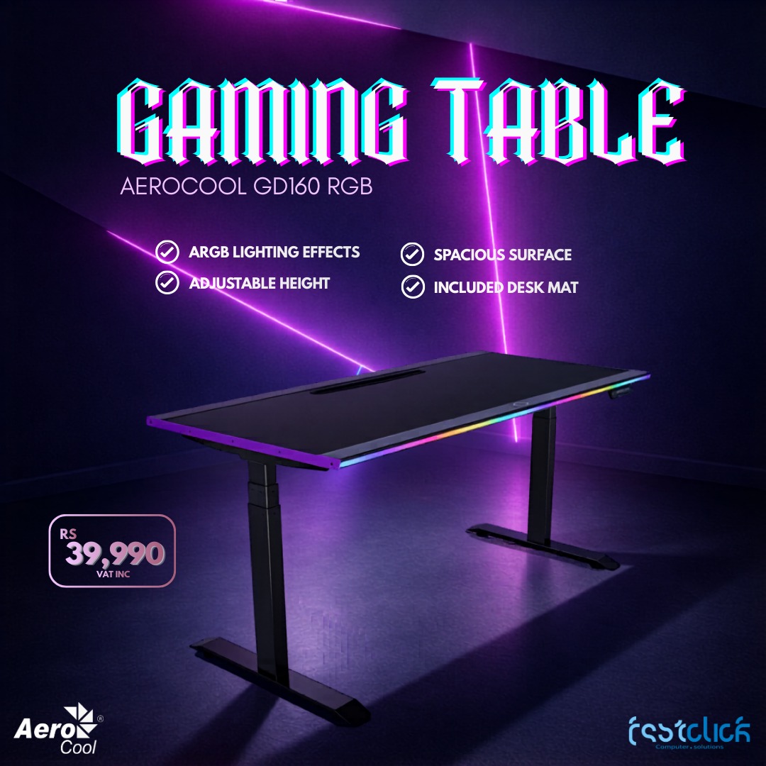 May be an image of text that says "GAMING TABLE AEROCOOL GD160 RGB ARGB LIGHTING EFFECTS ADJUSTABLE HEIGHT SPACIOUS SPACIOUSSURFACE SURFACE INCLUDED DESK MAT RS RS 39,990 VATIN Aero Cool ค"