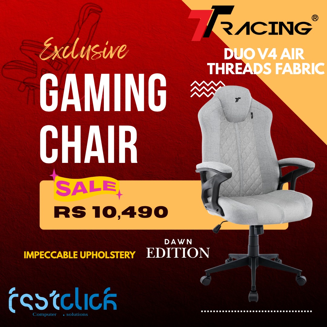 May be an image of text that says "DUOV4 V4 AIR THREADS FABRIC Exlusive Exclusive GAMING CHAIR SALE RS 10,490 IMPECCABLE IMPECCABLEUPHOLSTERY UPHOLSTERY DA DAWN EDITION {sseclicó"
