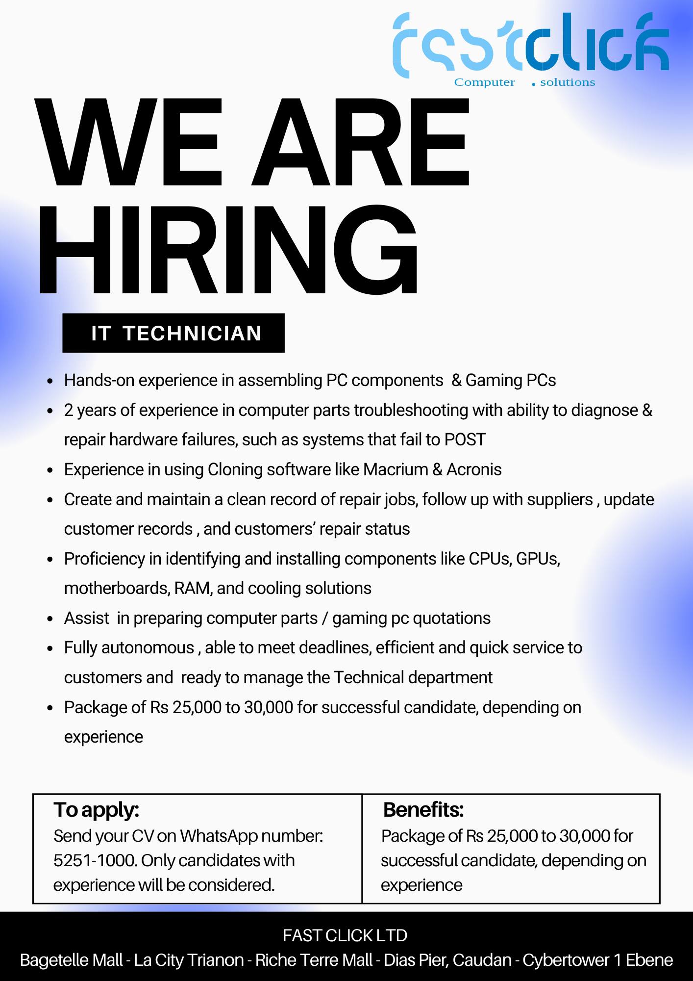 May be a graphic of text that says "ค WE ARE HIRING TECHNICIAN assembling experience Gaming components computer parts troubleshooting with ability repair hardware failures, such as systems that fail using Cloning software like Macrium and maintain PO...
