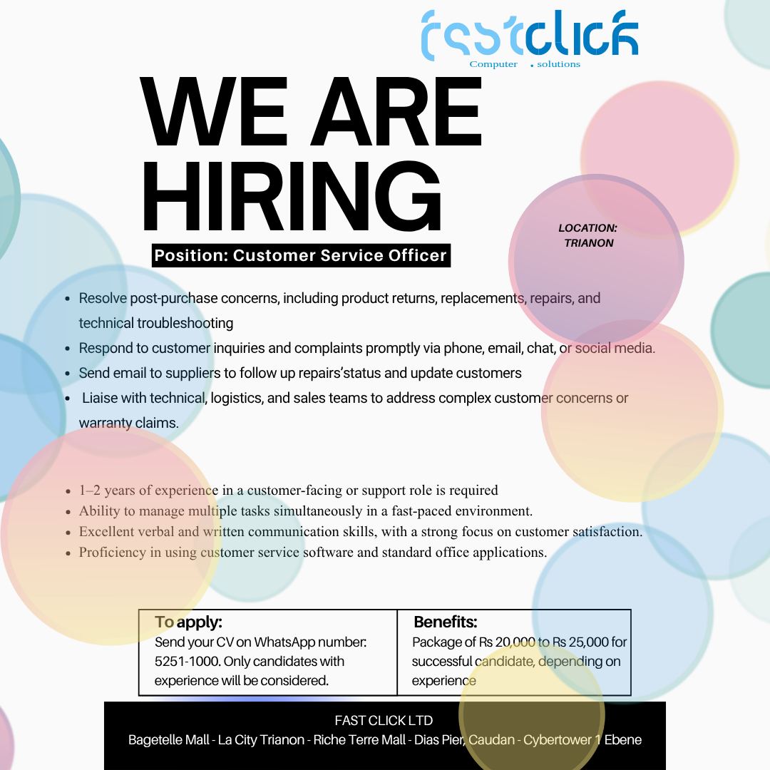 May be a graphic of text that says "Esstclicí C3aeTpиBиT มราทล WE ARE HIRING Position: Customer Service Officer LOCATION: TRIANON post-purchase concerns, including product returns, technical troubleshooting -Respond Send email repairs, cus...