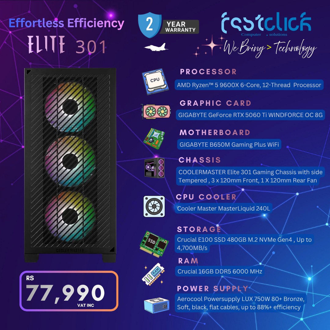 May be an image of text that says "2 Effortless EffortlessEfficiency Efficiency ELITE301 301 ELITE YEAR WARRANTY ค We Bring Techrology CPU PROCESSOR AMDRyzen" 6-Core, 12-Thread Processor GRAPHIC CARD GIGABYTE GeForce RTX RTX5060 WINDFORCE c 8G MOTHER...