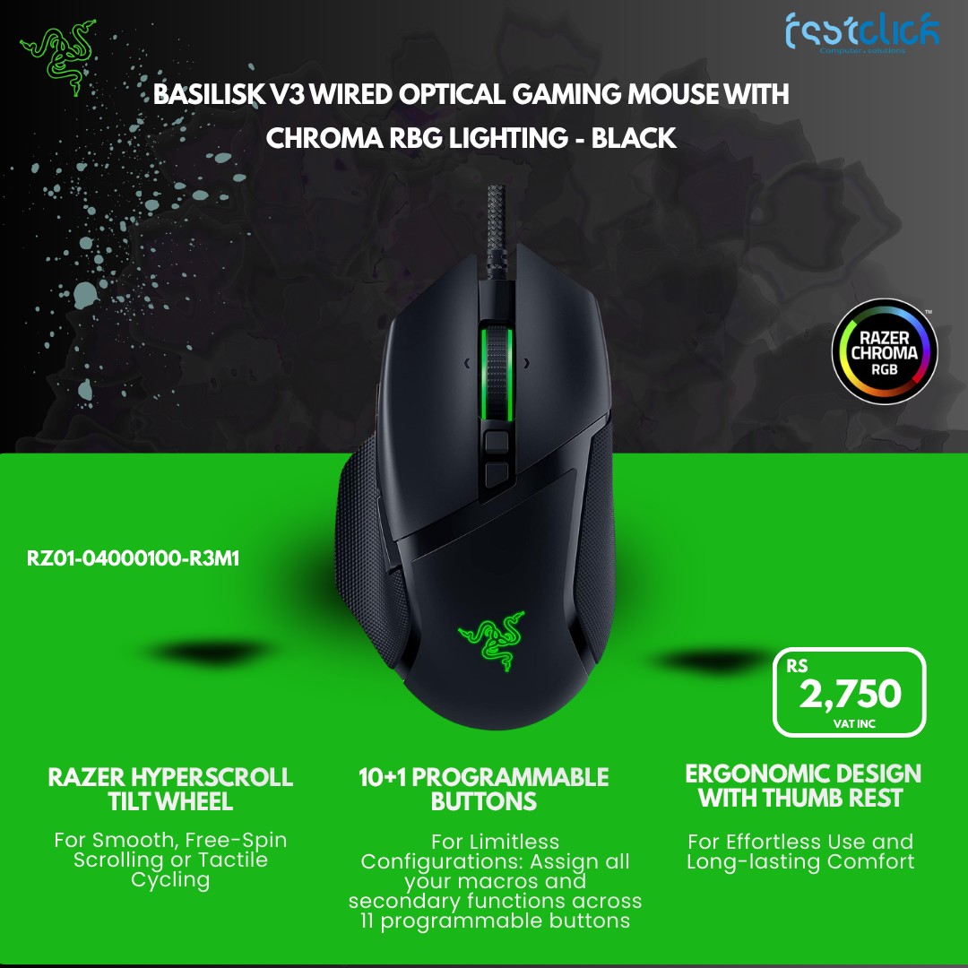 May be an image of text that says "BASILISK V3 WIRED OPTICAL GAMING MOUSE WITH CHROMA RBG LIGHTING BLACK RAZER CHROMA RGB RZ01-04000100-R3M1 ကိုန် RAZER HYPERSCROLL TILTWHEEL TILT WHEEL For Smooth, Free Free-Spin Scrolling or or Tactile Cycli...