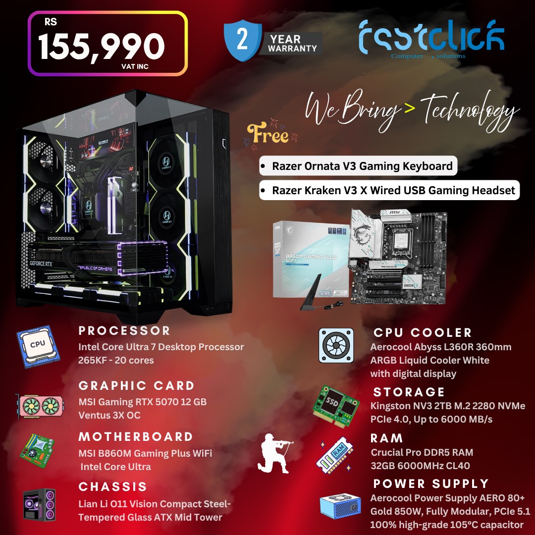 May be an image of text that says "RS 155,990 155, VATIN INC 2 YEAR WARRANTY ค We Bring> Technology Free Razer Ornata V3 Gaming Keyboard Razer Kraken V3 Wired USB Gaming Headset m CPU PROCESSOR Core Ultra Desktop Processor 265KF 20 cores GRAPHIC CARD...