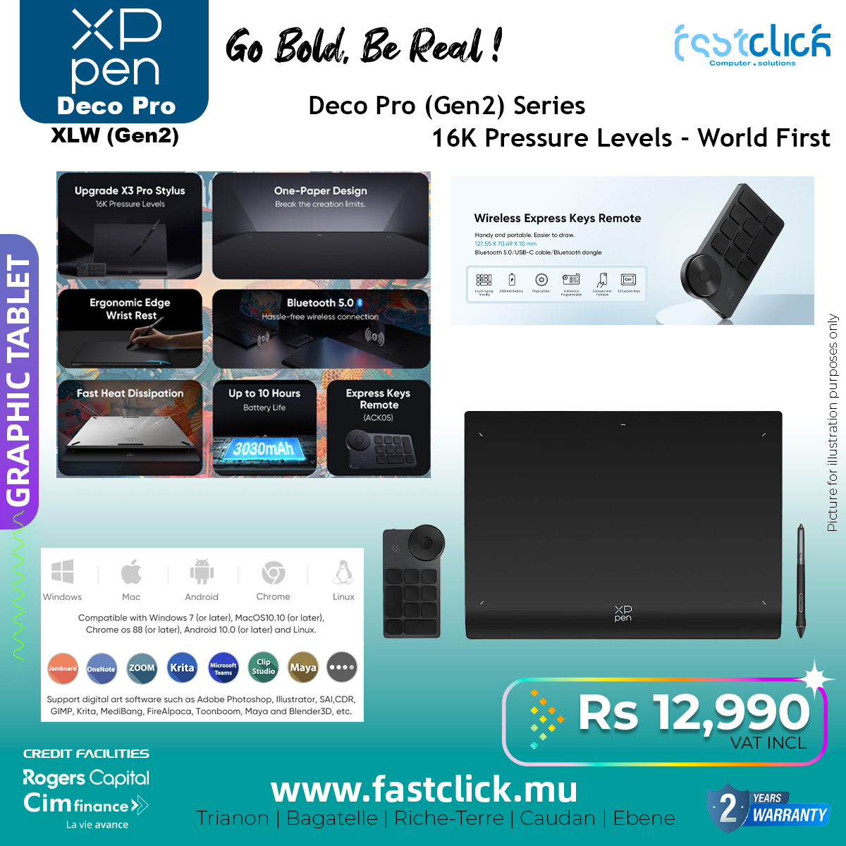 May be an image of text that says "XP pen Deco Pro XLW (Gen2) Go Bold, Be Real! Upgrade 3Pro Stylus PressureLeve (sstclicÉ Gomputer... seltions Deco Pro (Gen2) Series 16K Pressure Levels- World First One-Paper Design ΘHσσ Wireless Express Keys Remo...