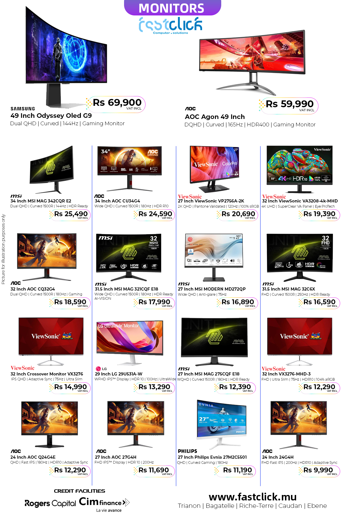 May be a graphic of ‎text that says "‎MONITORS ( Oompuser solutiona Rs 69,900 SAMSUNG Inch Odyssey Oled G9 Dual QD/cuNed 1 144117 aeming Monitor Rs 59,990 лoc AOC Agon Inch มรุเ curved וזהו HDR400 camir лOC Monitor ViewSonic Colerfro ...