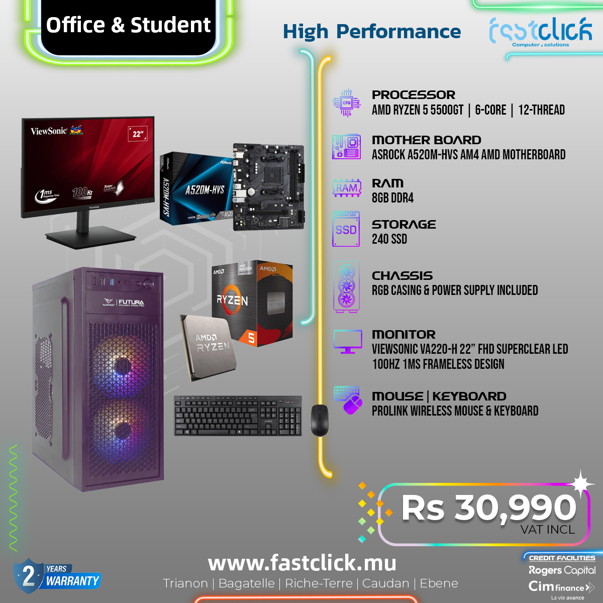 May be an image of text that says "Office & Student High Performance VienSonie ค ோடமிச selutiens 22" PROCESSOR AMD RYZEN 5500GT 6-CORE| 12-THREAD A520M-HYS MOTHER BOARD ASROCK A520M-HVS HVS AM4 4ApO RAM MOTHERBOARD RAM 8GB DDR4 SSD STORAGE ...