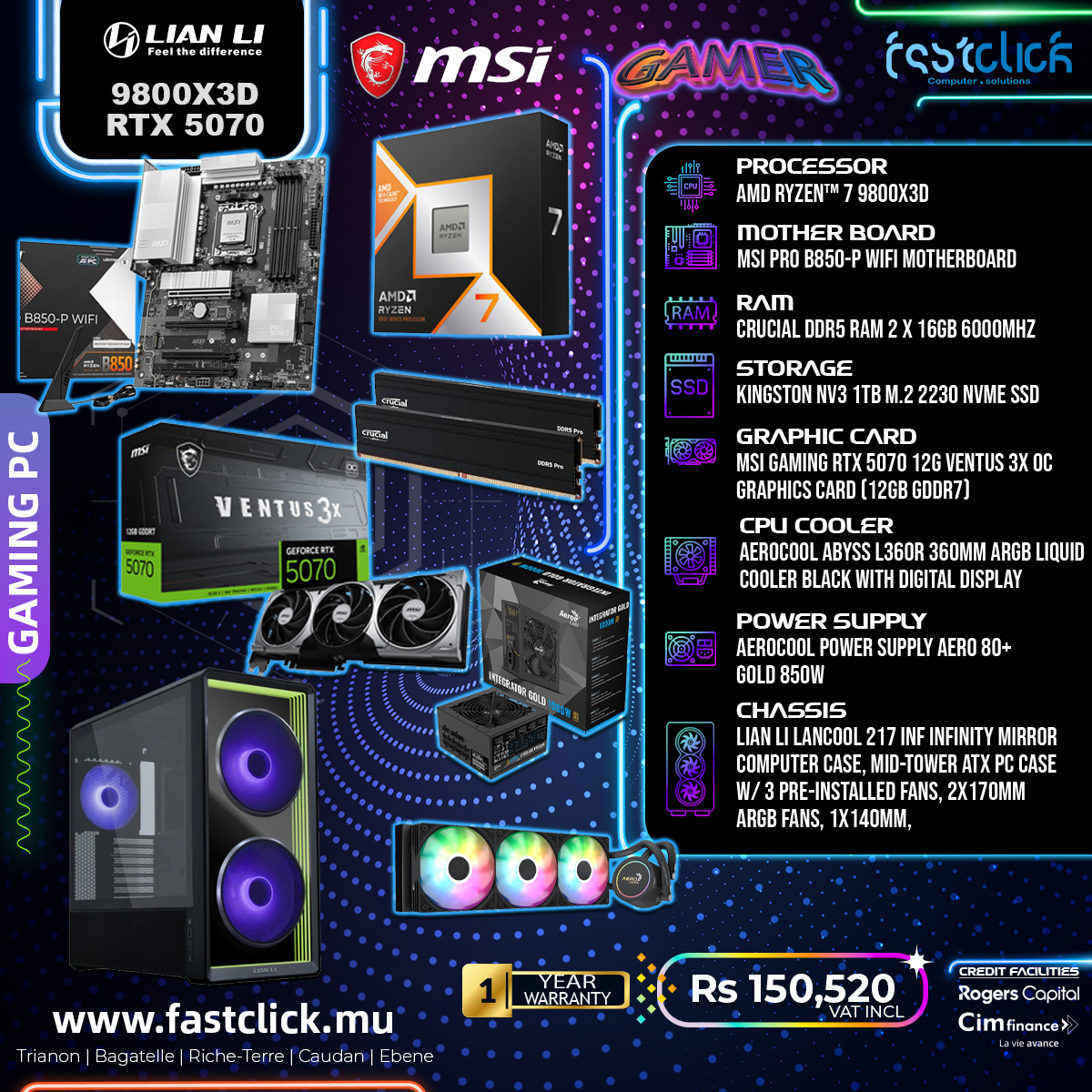 May be an image of text that says "LIAN LI Feelthe 9800X3D RTX 5070 msi GAMER τς'τειιή B850-P PROCESSOR RYZENT™ 9800X3D MOTHER BOARD PRO B850-P WIFI MOTHERBOARD 반 RAM CRUCIAL DDR5 RAM X 6GB 6000MHZ បញ្ឋាន STORAGE VENTUS3x 2230 NV...