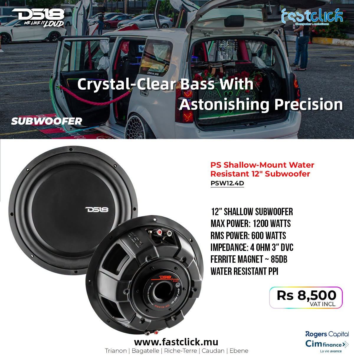 May be an image of speaker and text that says "D518 HST HLKEITLOUD Computor seluliane SUBWOOFER Crystal-Clear Crystal-ClearBassWith Clear Bass With Astonishing Precision PS Shallow-Mount Water Resistant 12" Subwoofer PSW12.4D DS18 12" SHALLOW SUBWOOFER...
