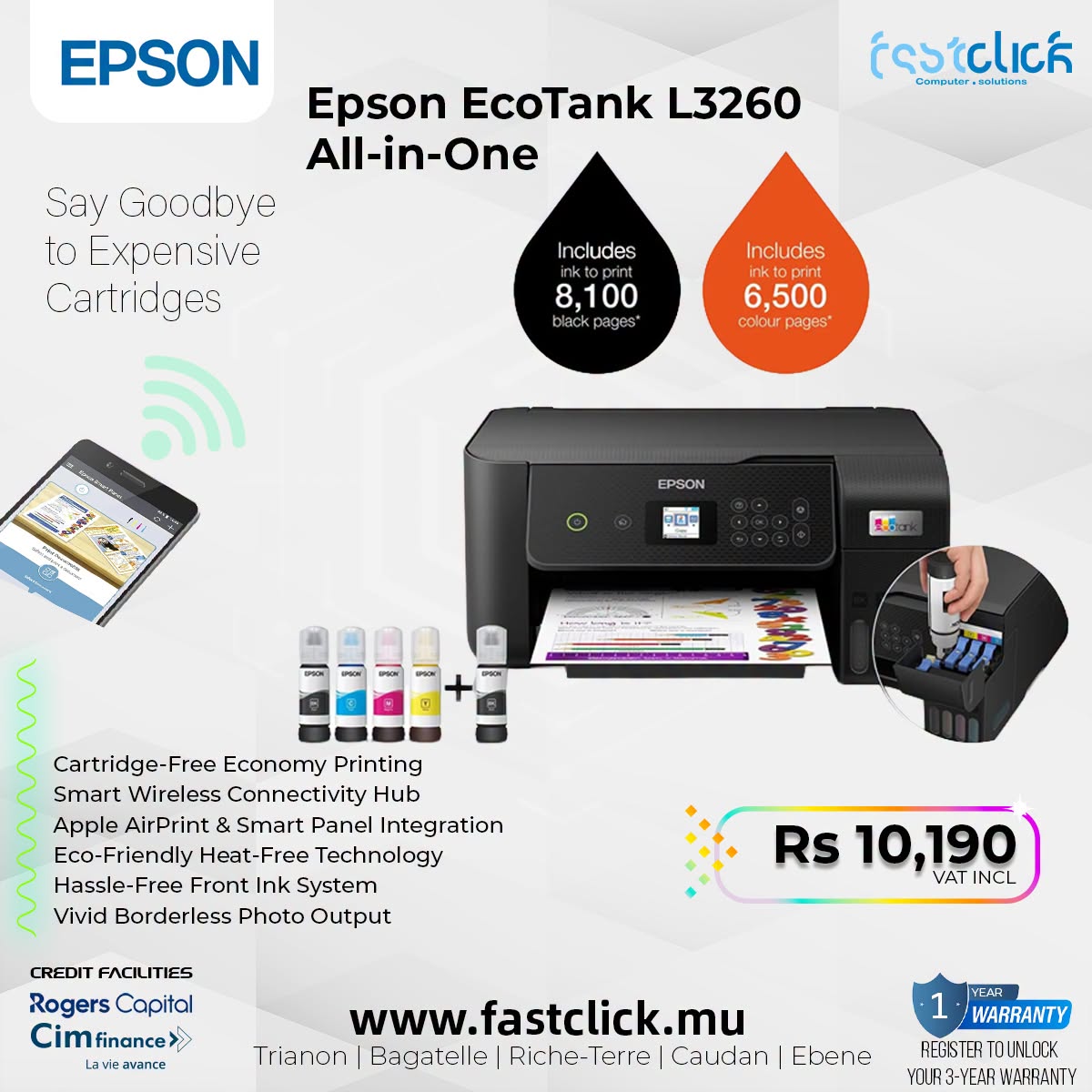 May be an image of text that says "EPSON ٢٢> Gomputer Esstclicí seltions Epson EcoTank L3260 All-in-One Say Goodbye to Expensive Cartridges ลิ) Includes Includes 8,100 blackpages 6,500 colour colourpages" pages EPSON ១ជាធ Cartridge-Fre F...