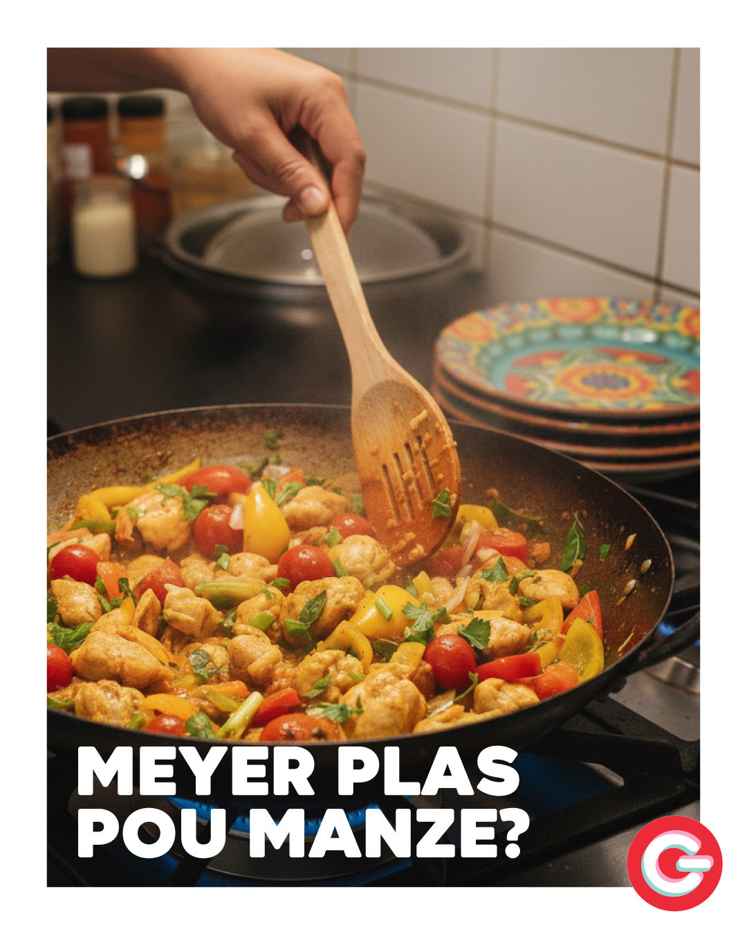 May be an image of pasta and text that says "MEYER PLAS POU MANZE? G"