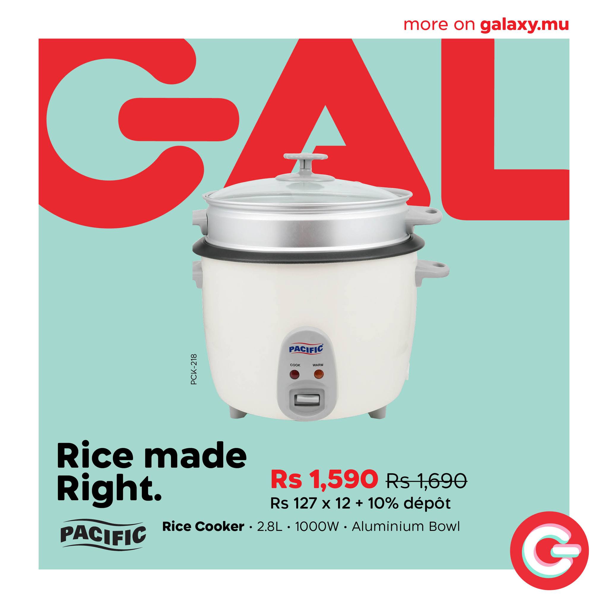 May be an image of text that says "more GAL on galaxy.mu PACIFIC PACIFIC 복으고 visa Rice made Right. Rs 1,590 Rs1,690 Rs 127 127x x 12 10% dépot PACIFIC Rice Cooker 2.8L 1000W Aluminium Bowl"