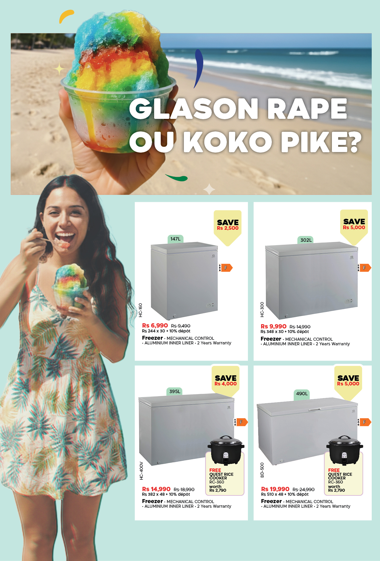 May be an image of text that says "GLASON RAPE o KOKO PIKE? SAVE Rs $2,500 147L SAVE Rs5 5,000 3021 Rs 6,990 0400 10%dápor o CONTROL MECHANICA .ALUMIHIJM INER 2Years! ው Natranity 9,990 P514990 R$48x30 10%đspot CONTROL ALUMINUM INNERLI LINER. 2Yoers...