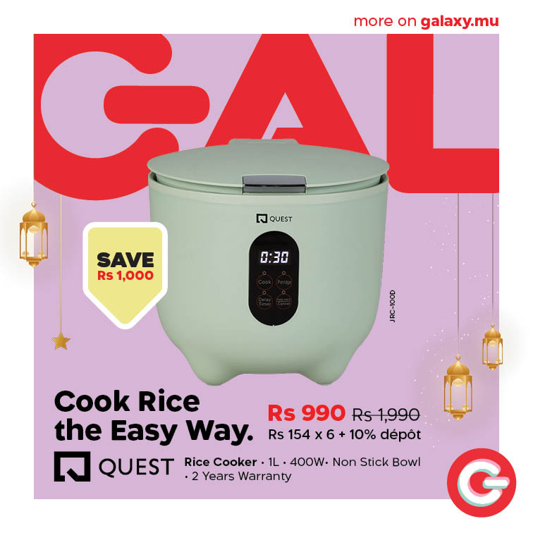 May be an image of text that says "more on galaxy.mu จ QUEST SAVE Rs 1,000 0:30 Doo Cook Rice Rs 990 Rs1,990 the Easy Way. Rs 154 1546+10% x6+ 10% dépot QUEST 2 Years Warranty Rice Cooker ·1L.400W-NonStickBow 1L .400W Non Stick Bowl"