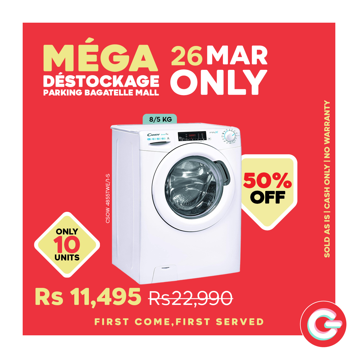 May be an image of water heater and text that says "MÉGA 26MAR DÉSTOCKAGE PARKING PARKINGBAGATELLEMALL BAGATELLE MALL ONLY 8/5KG KG 8/5 Cubr SSSMSWS ဟာ 50% OFF ONLY 10 UNITS Leneman ITNO S5 OONG S GOP Rs 11,495 Rs22,990 FIRST COME, COME,FIRST FIR...