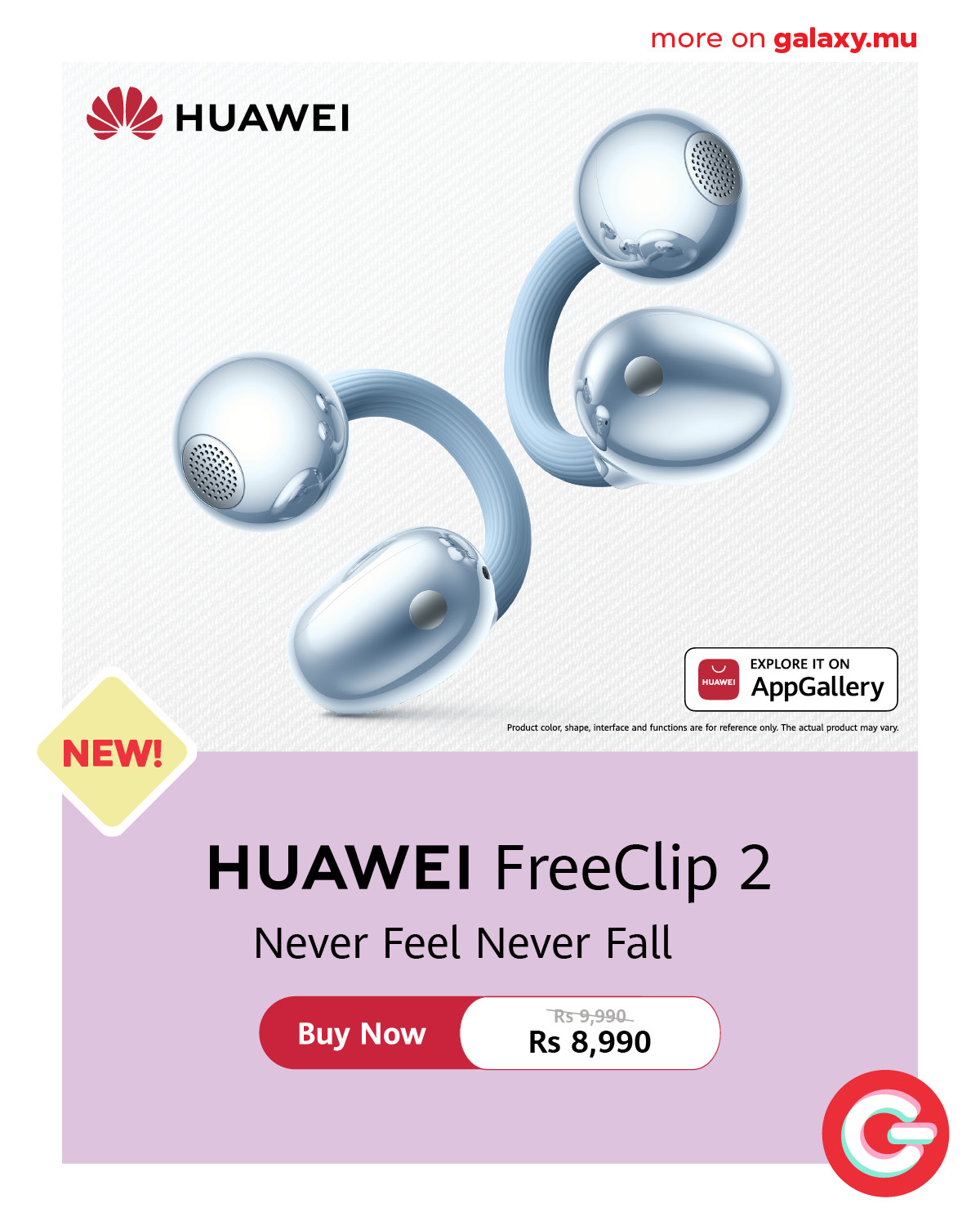 May be an image of text that says "HUAWEI more moreongalaxy.mu on galaxy.mu NEW! d e EXPLORE ON ON HUAWLI AppGallery Product colas ape, Interface and dfunctiars for refurenceo The ctual radact vary HUAWEI FreeClip 2 Never Feel Never Fall Buy Now R59,99...