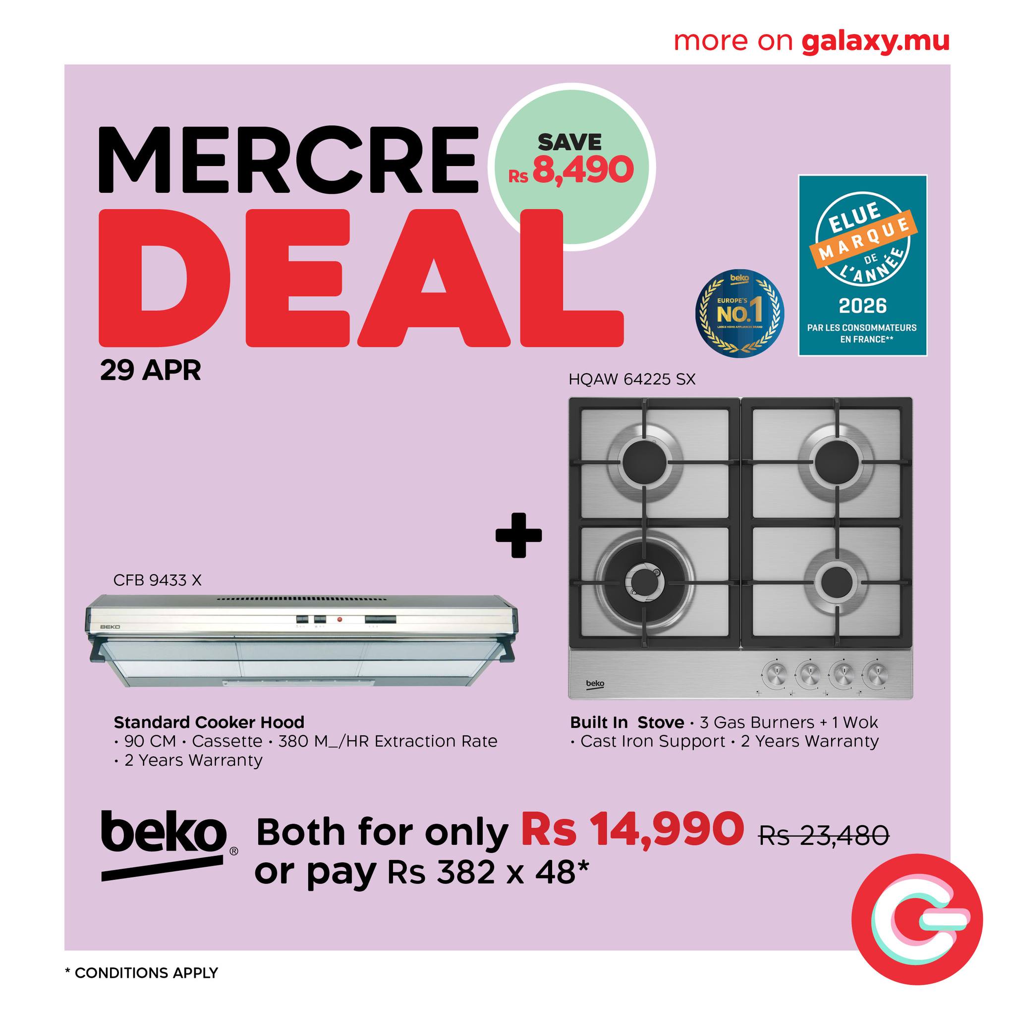 May be an image of water heater and text that says "more on galaxy.mu MERCRE SAVE Rs8,490 DEAL 29 29APR APR HQAW 64225 SX MARQUE ELLQUE ELUE L'ANN 2026 PAKLES ARLEECUMIN Muu BuMaTEE とエーほ込ト HFNAMC CPB 9433 X + == Standard Hood 90CM- Cassette...