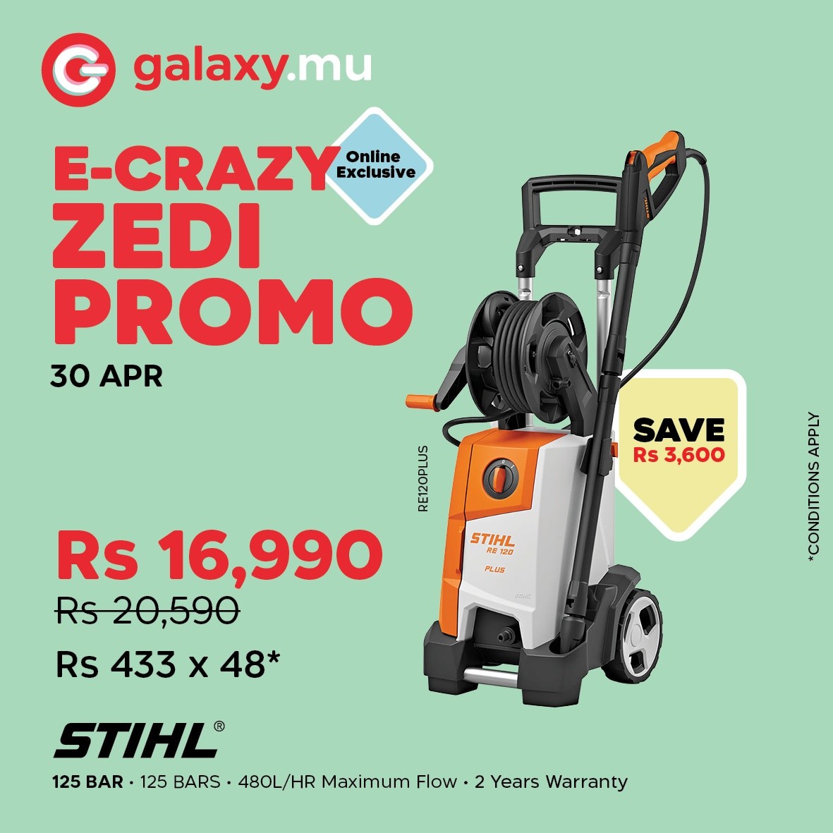 May be an image of ‎text that says "‎G galaxy.n mu E-CRAZY Onllne Exclusive ZEDI PROMO 30 30APR APR SAVE Rs 3,600 STIHL 即 時期 บ کاشهه 드산의 E0E Rs 16,990 Rs 20,590 Rs 433 x 433x48* 48* တပ် ENA Aesi Ana STIHL® 125 BAR 125 BARS...