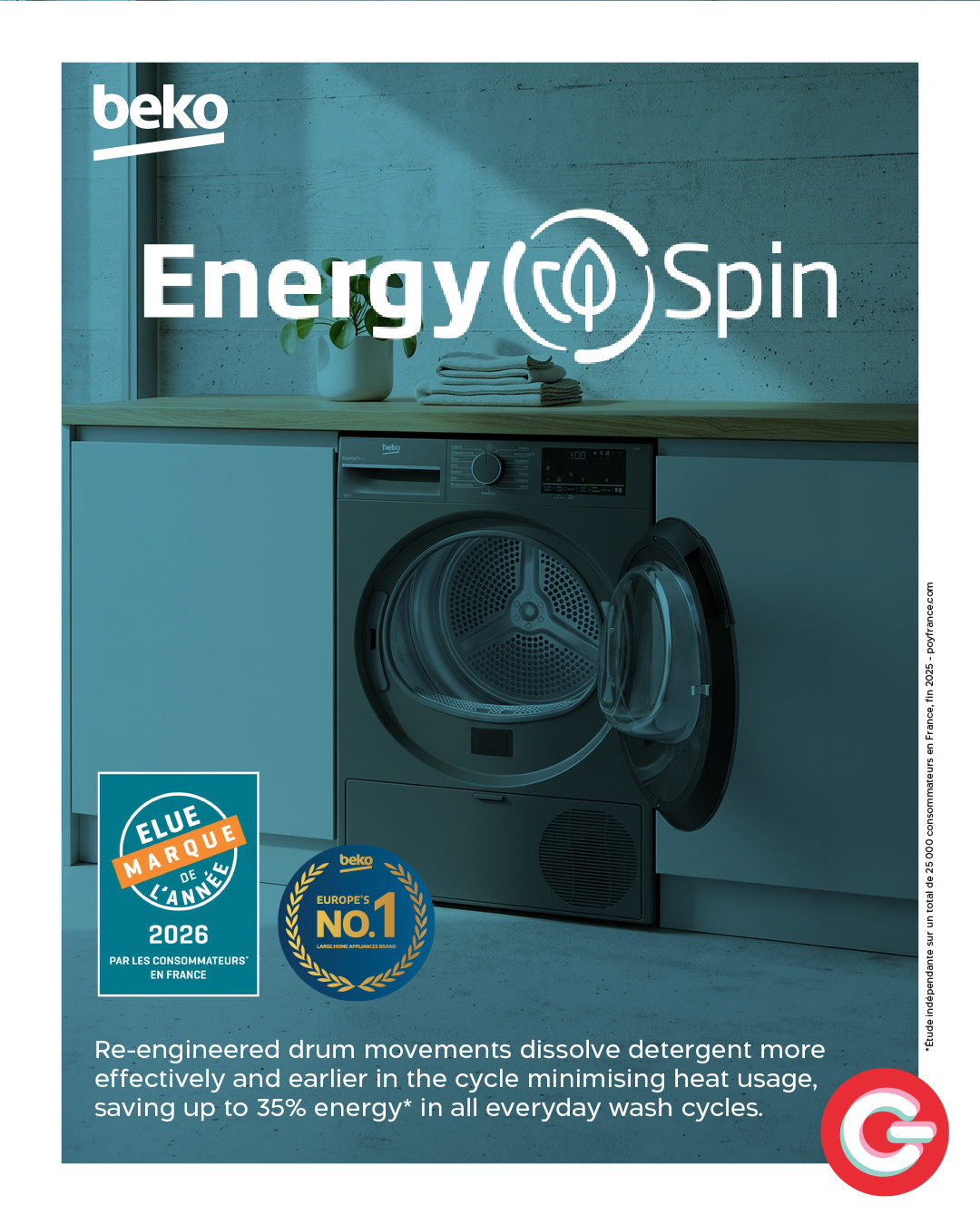 May be an image of water heater, speaker and text that says "beko Energy Energy(Spin ប Spin MARQUE ELUE ELUE beko EUROPE'S NO.1 2026 PARL ARLESCONSOMMATEURS ENFRANCE 후 Re-engineered drum movements dissolve detergent more effectively and earlier in ...