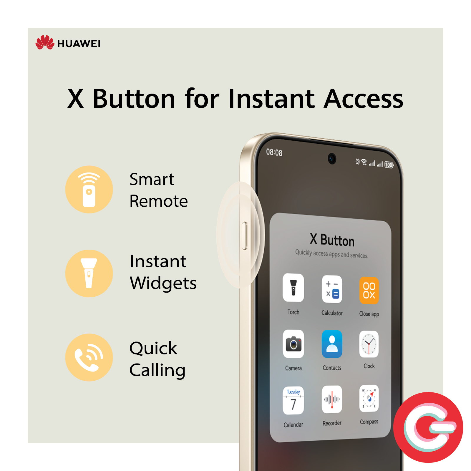 May be an image of ‎phone and ‎text that says "‎HUAWEI X Button for Instant Access 08:08 Smart Remote พอ.4 晚雾.4.4通 X Button Quickly actess app pS: and senvices Instant Widgets i 00 xE Torch Cakculator Cioce Cinceapp ap הי Quick Callin...