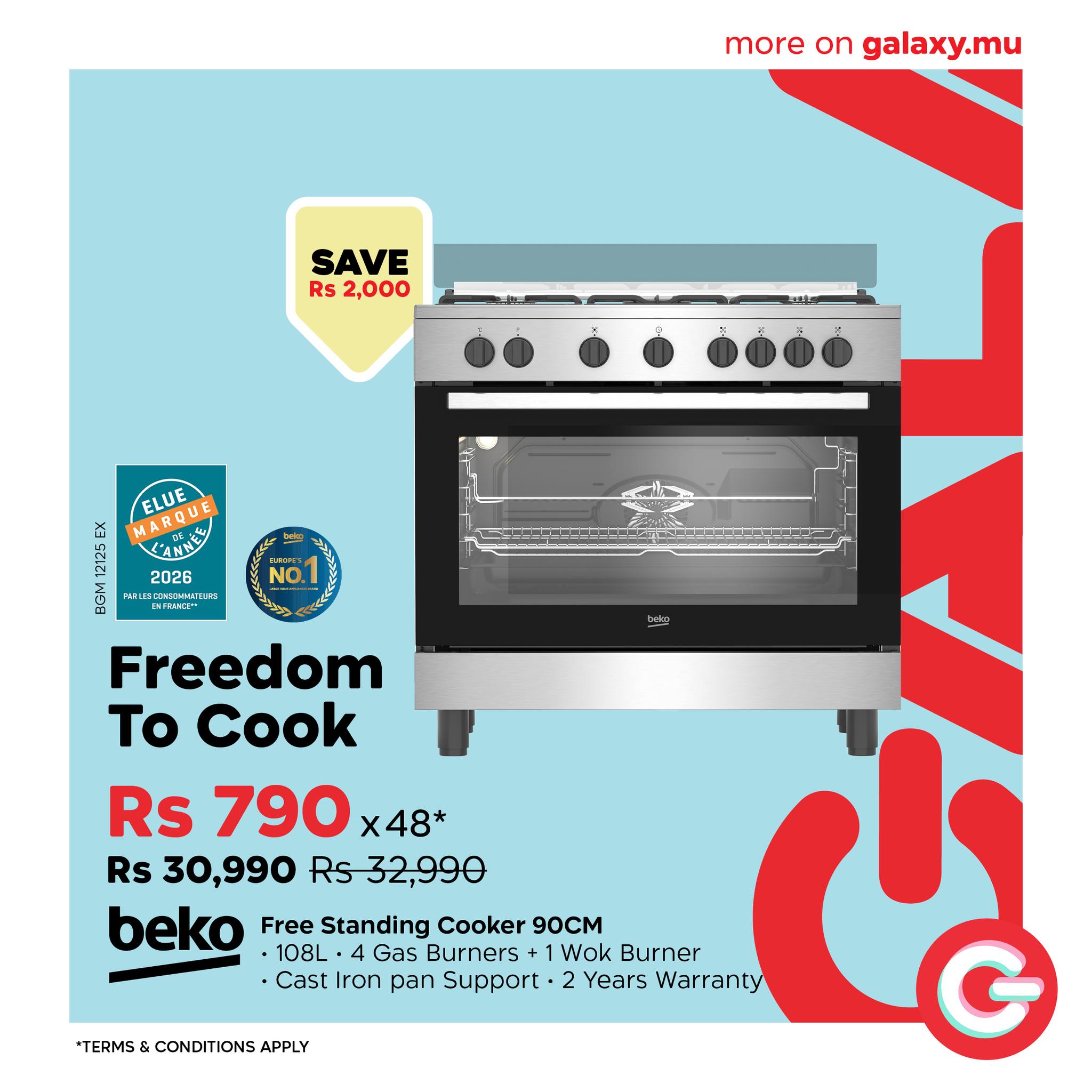 May be an image of ‎text that says "‎more moreongalaxy.mu on galaxy.mu SAVE Rs 2,000 ቼ 112 ELUE MARQUE VANNE 2026 ਕਰਸ 2026 วแนน NO وول 반라끗 Freedom To Cook Rs 790 x48* Rs 30,990 Rs 32,990 beko Free Standing Cooker 90CM 108L ...