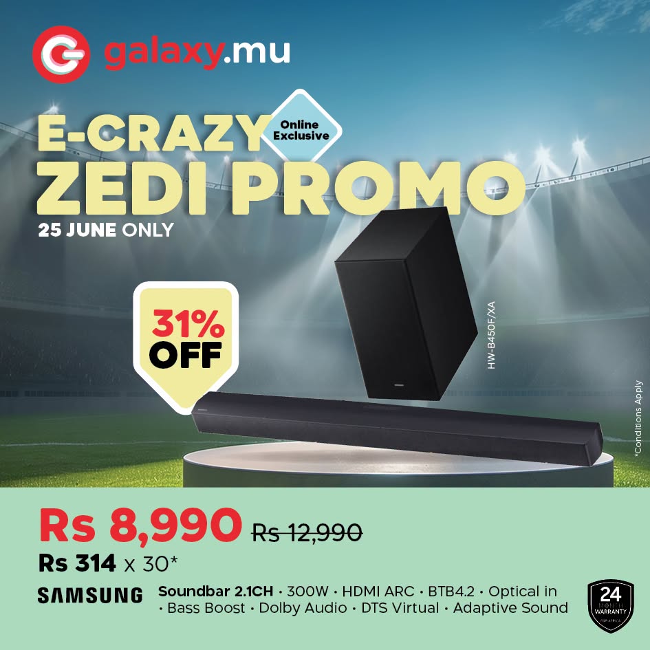 May be an image of phone and text that says "G galaxy.mu E-CRAZY Exclusive Online ZEDI PROMO 25JUNEONLY 25 JUNE ONLY 31% OFF Se 를 SANN Gatin Mohh Aloge Rs 8,990 Rs12,990 Rs 314 X 30* SAMSUNG Soundbar: 2.1CH 300W HDMI ARC ·TB4.2 Optical in ·Bass •...