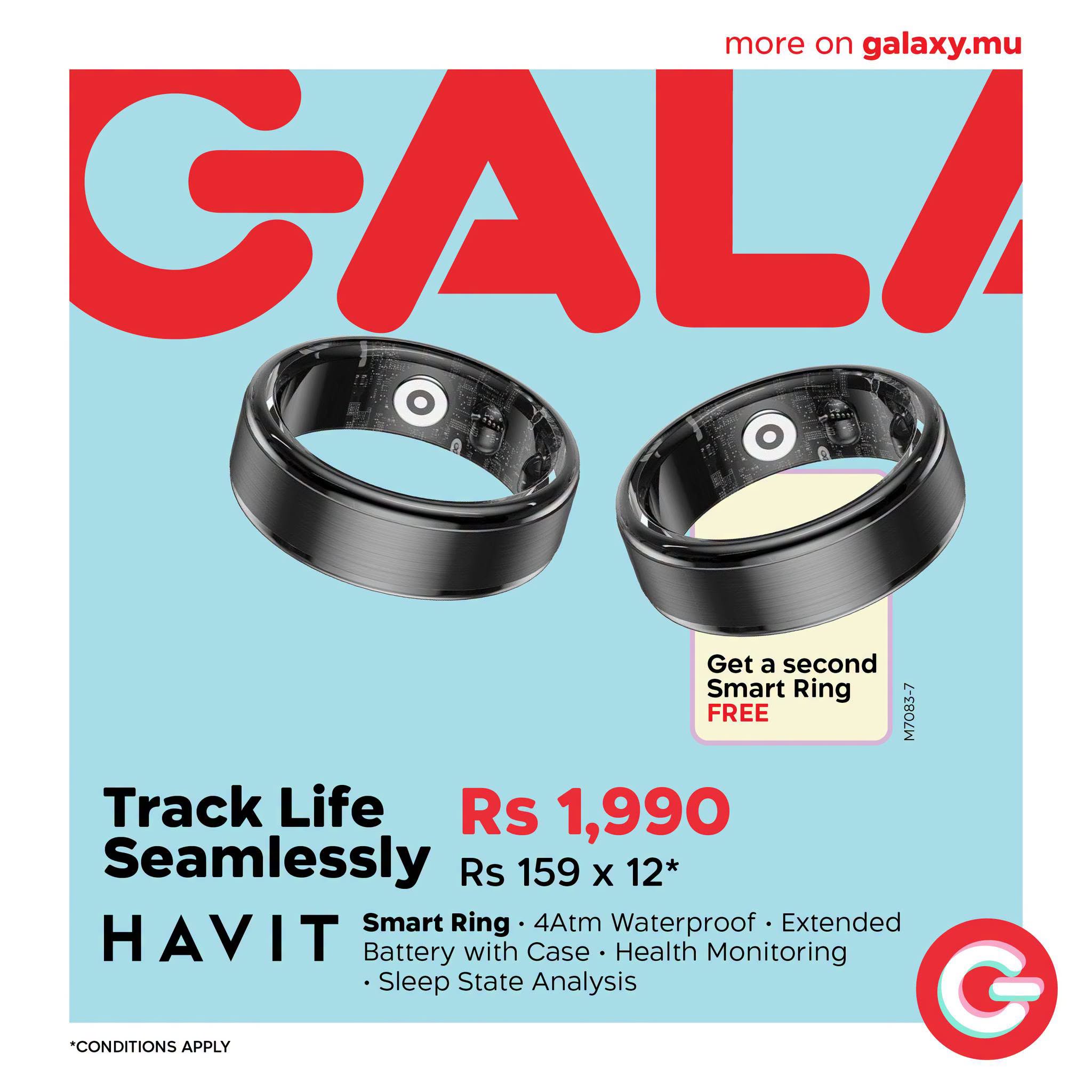 May be an image of text that says "more on galaxy.mu GALA Get a second Smart Ring FREE 100 Track Life Rs 1,990 Seamlessly Rs 5 159 χ 159x12* 12* HAVIT Smart Ring 4Atm Waterproof Extended Battery with Case .Health Monitoring -Sleep State Analysis CONDI...