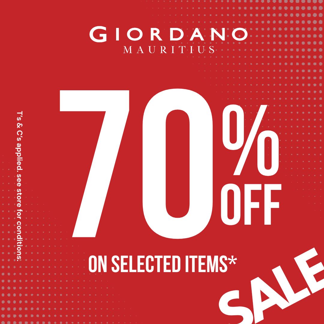 May be an image of text that says "GIORDANO MAURITIUS C ន្ ee Hor 70% O % OFF onenon ON SELECTED ITEMS* SALE"
