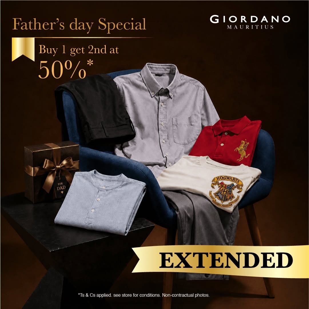 May be an image of text that says "Father's day Special Buy get 2ndat get2ndat at 50% GIORDANO MAURITIUS Ι HOGWARIE HOGWARTY 1hatkmpoemememmmm C applied. s8e store far farconditions *Ts Non-cantractualphotoa photos. EXTENDED"
