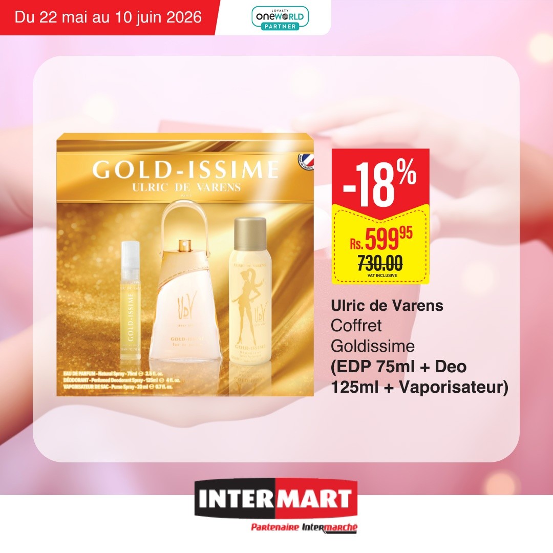 May be an image of hair product and text that says "Du 22 mai au 10 juin 2026 onewo RLD PARTNER GOLD-ISSIME ULRICDEVARENS ULRIC DE VARENS 11 -18° % Rs. 59995 730.00 ต ...... Bomp sle 26LEL .的 4EL NI-Anubn.aceon howrbpoy-2h9. Ulric de Varens Coffre...