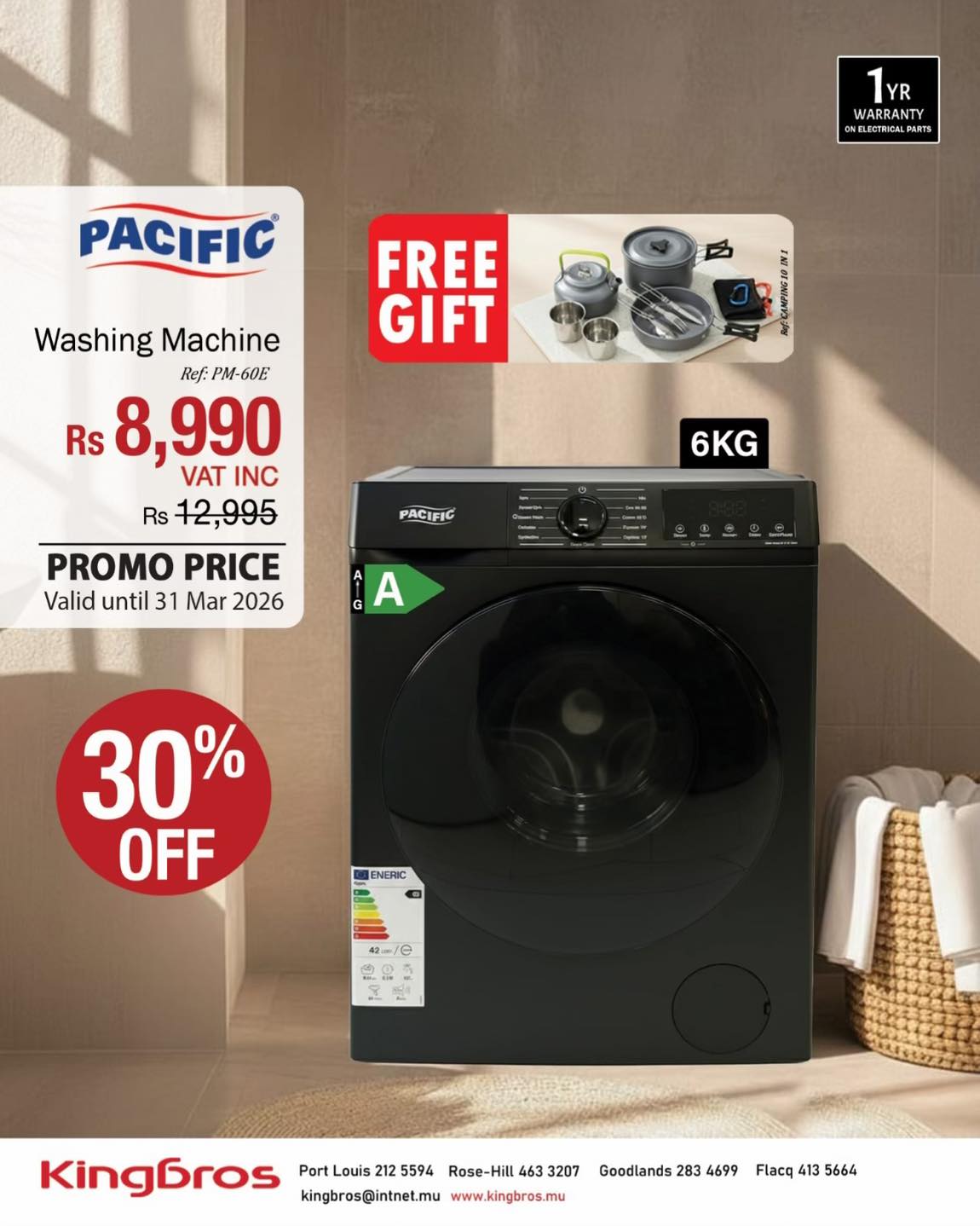 May be an image of water heater and text that says "1YR YR YR WARRAN OWE.DOTROALPARTS PWRTS PARTS PACIFIC FREE GIFT * Washing Machine Ref: pM-6Om Rs 8,990 VAT INC Rs 12,995 PROMO PRICE Valid until 31 Mar 2026 6KG PACIFIC G A 30% OFF ENERIC 42-/e 5間5 ...