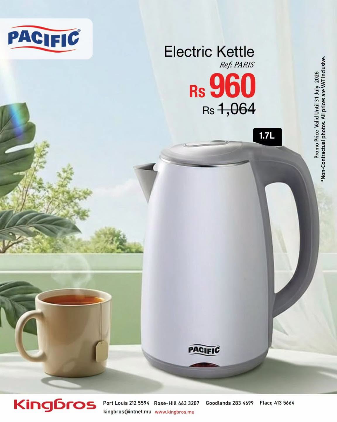 May be an image of ‎tea strainer, water heater and ‎text that says "‎PACIFIC Electric Kettle Reff: PARIS Rs 960 Rs 1,064 LAA 至 reV are 5 All לעכל photos. om Poomm မမ 1.7L O PACIFIC Kingbros Port Louis 212 5594 Rose-Hill 463 3207 kingbro...