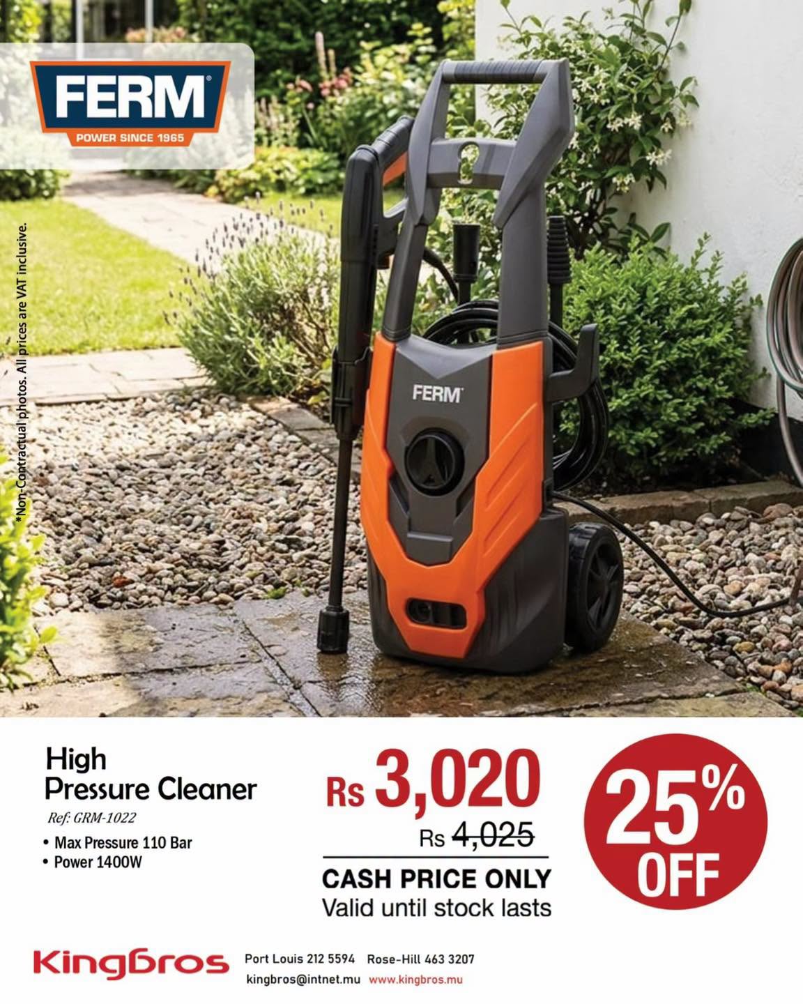 May be an image of text that says "FERM POWER POWERSINCE1965 SINCE 1965 က်င်လ်််က်က က NN 널 FERM High Pressure Cleaner Ref: ef:GRM-1022 •MaxPressure110Bar ·MaxPressure1 Max Pressure 110 Bar Power 1400W Rs 3,020 Rs 4,025 CASH...