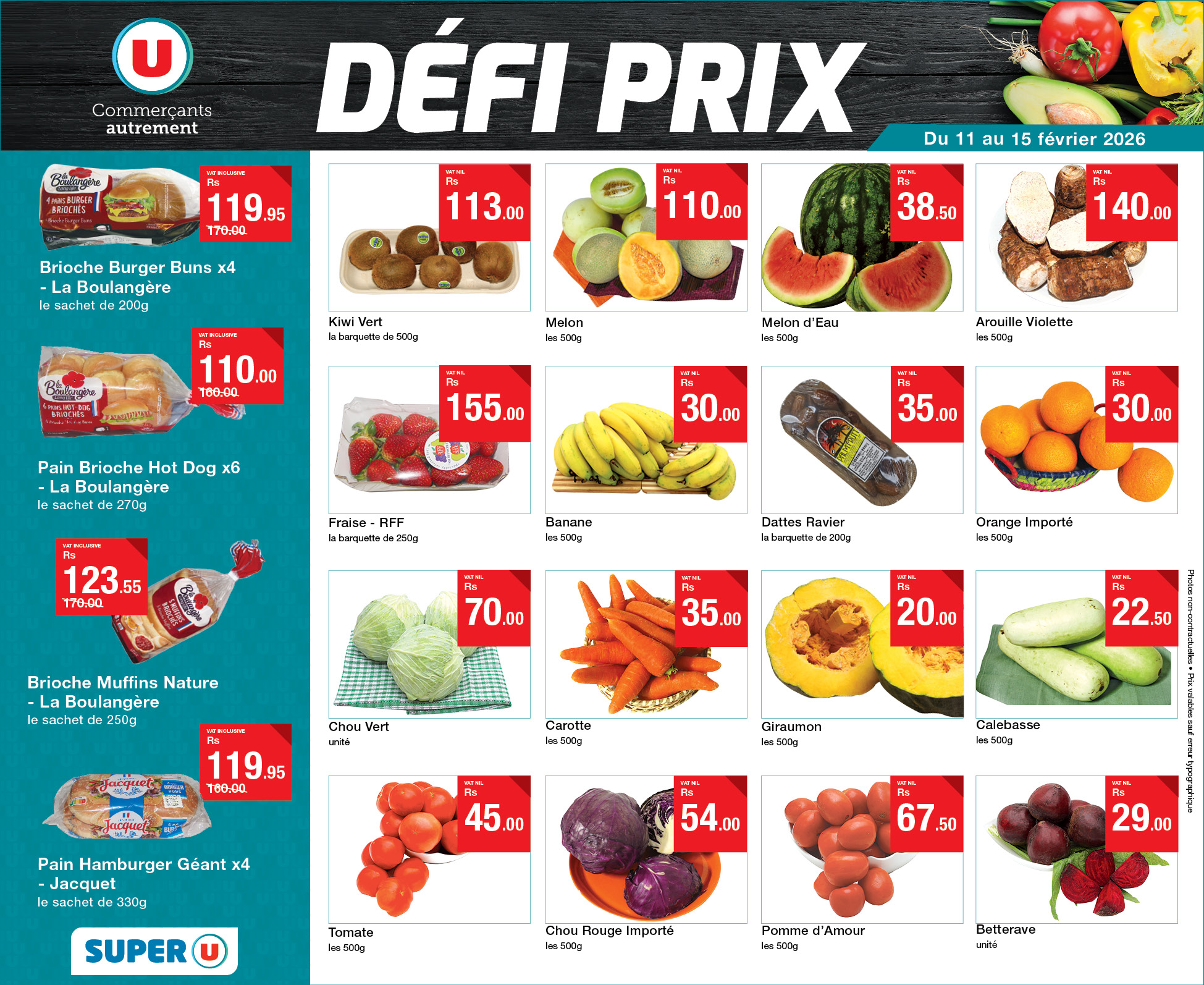 May be an image of ‎tofu and ‎text that says "‎บ Commerçants autrement បរប្រ្តទ្រមក ！ 119.95 170.00 DEFI PRIX Brioche Burger Buns x4 Boulangère 203g 113.00 Du au 15 février 2026 110.00 Kiwi IntarquatiedeSt0g 38.50 1...