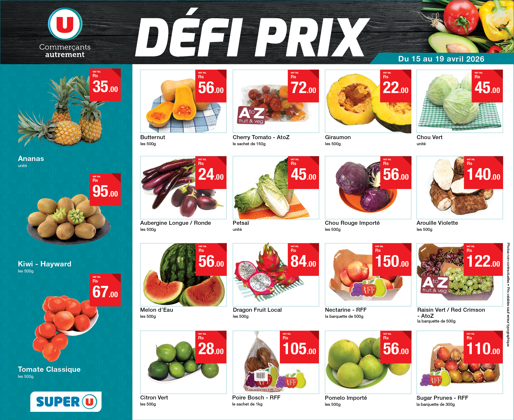 May be an image of ‎strawberry, tofu and ‎text that says "‎U Commerçants autrement 35.00 DÉFI PRIX FS 56.00 Du 15 au 19 avril 2026 72.00 Ananas تائی AtZ オレ社品地町 Buttern เน 10000g 22.00 .00 Cherry Tornato Aloz วา10 45.00 G...