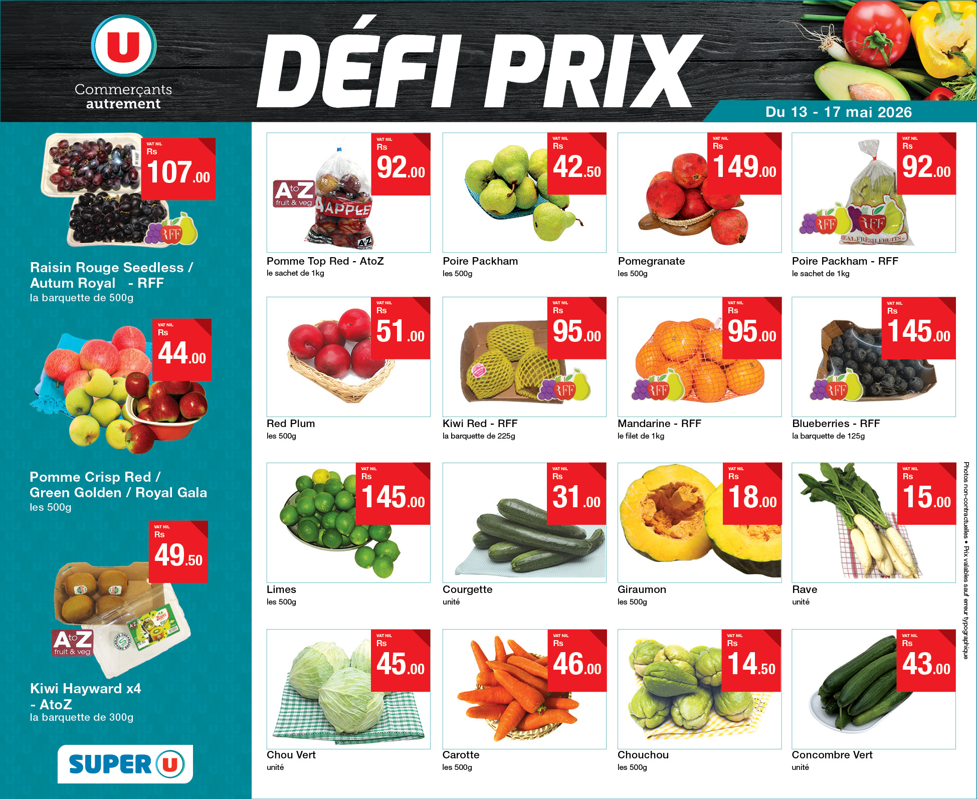 May be an image of tofu and text that says "U Commerçants autrement 107. DÉFI PRIX F6 92.00 Du1 13 17 mai 2026 42.50 .50 Rouge Seedless Autum Royal la anquetta sung Pomme 1 149.00 .00 Red- Aloz Poire Packharn l0sG00g 92.00 Poregranale wr00g 44.00 파...