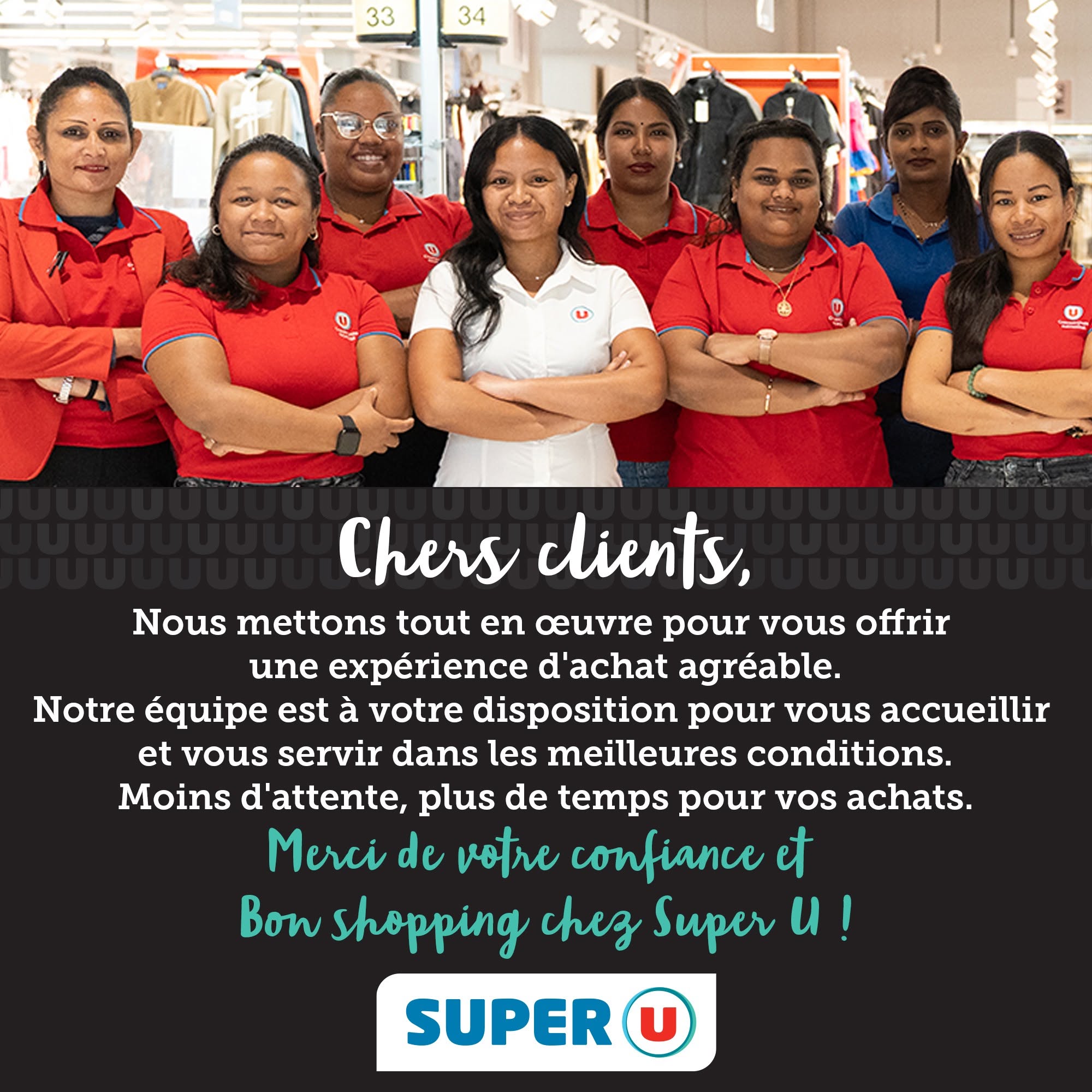 May be an image of text that says "33 33 34 O Chers clients, Nous mettons tout en cuvre pour vous offrir une expérience d'achat agreable. Notre équipe est à votre disposition pour vous accueillir et vous servir dans les meilleures conditions. Moins ...