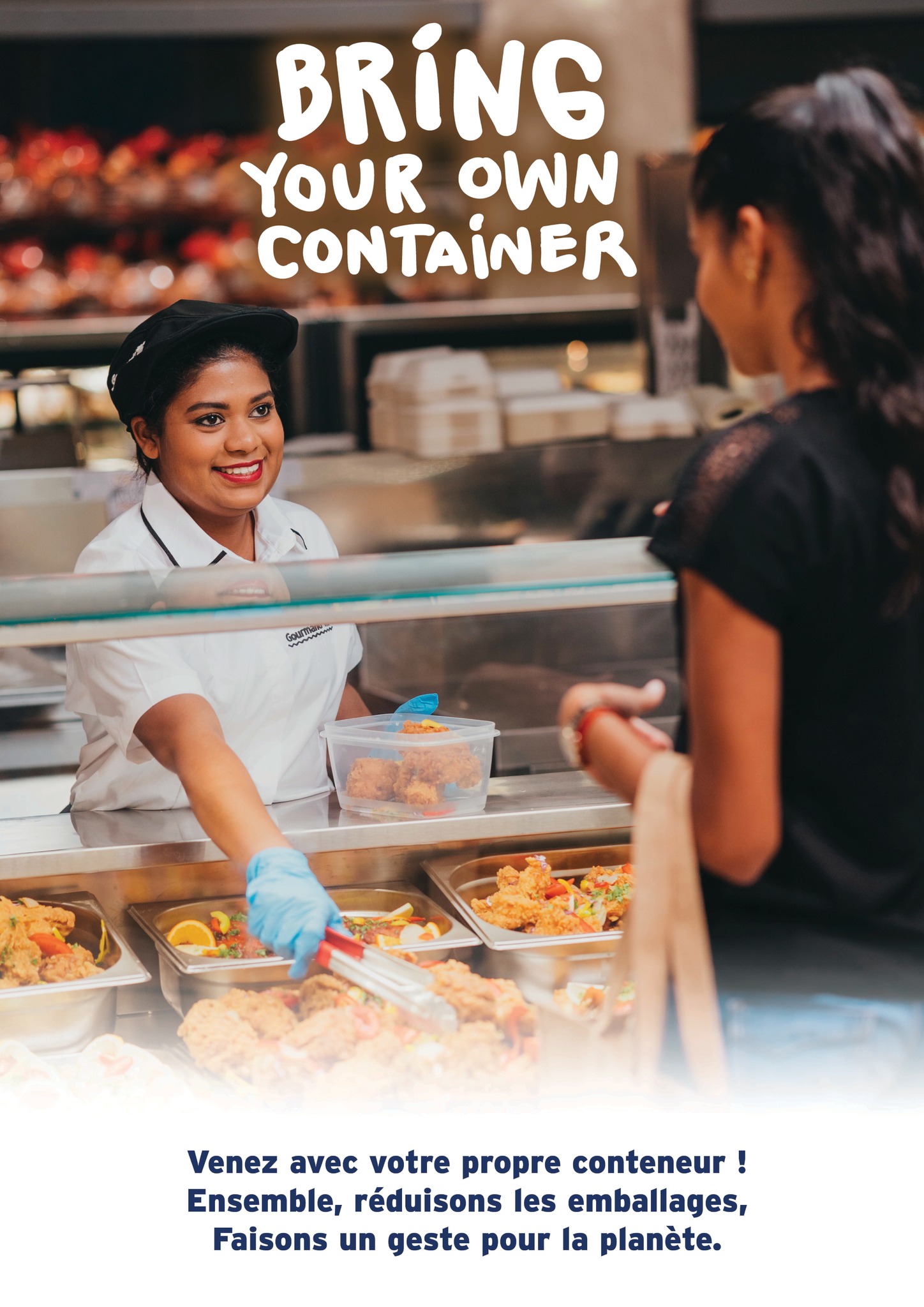 May be an image of text that says "BRING YOUR OWN CONTAINER ECAZRIN Sa Venez avec votre propre conteneur! ! Ensemble, réduisons les emballages, Faisons un geste pour la planète."