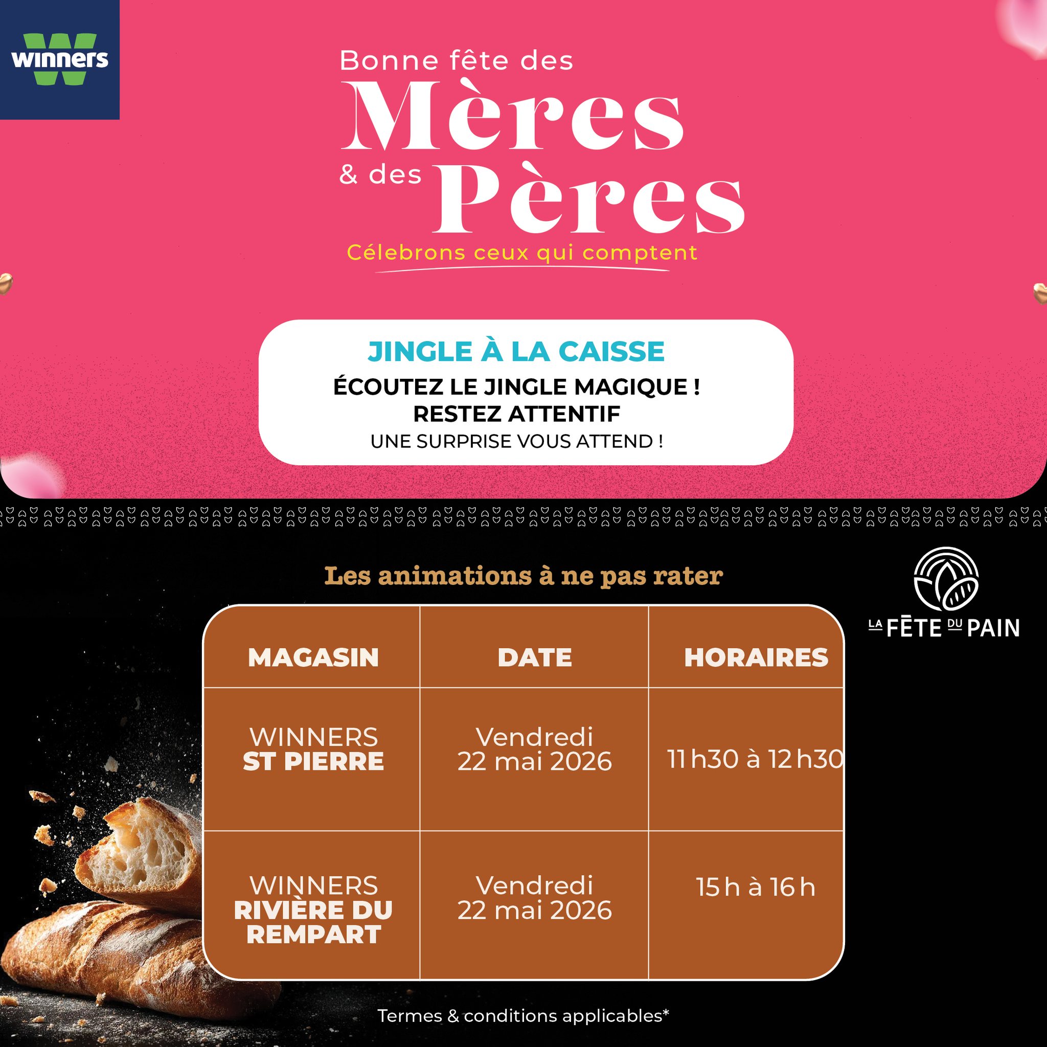 May be an image of ‎text that says "‎winners Bonne fête Bonnefêtedes des Mères & des Pères Célebrons ceux qui comptent JINGLE À LA CAISSE ÉCOUTEZ LE JINGLE MAGIQUE! RESTEZ ATTENTIF UNE SURPRISE VOUS ATTEND! Les animations ne pas rater MAGASI...