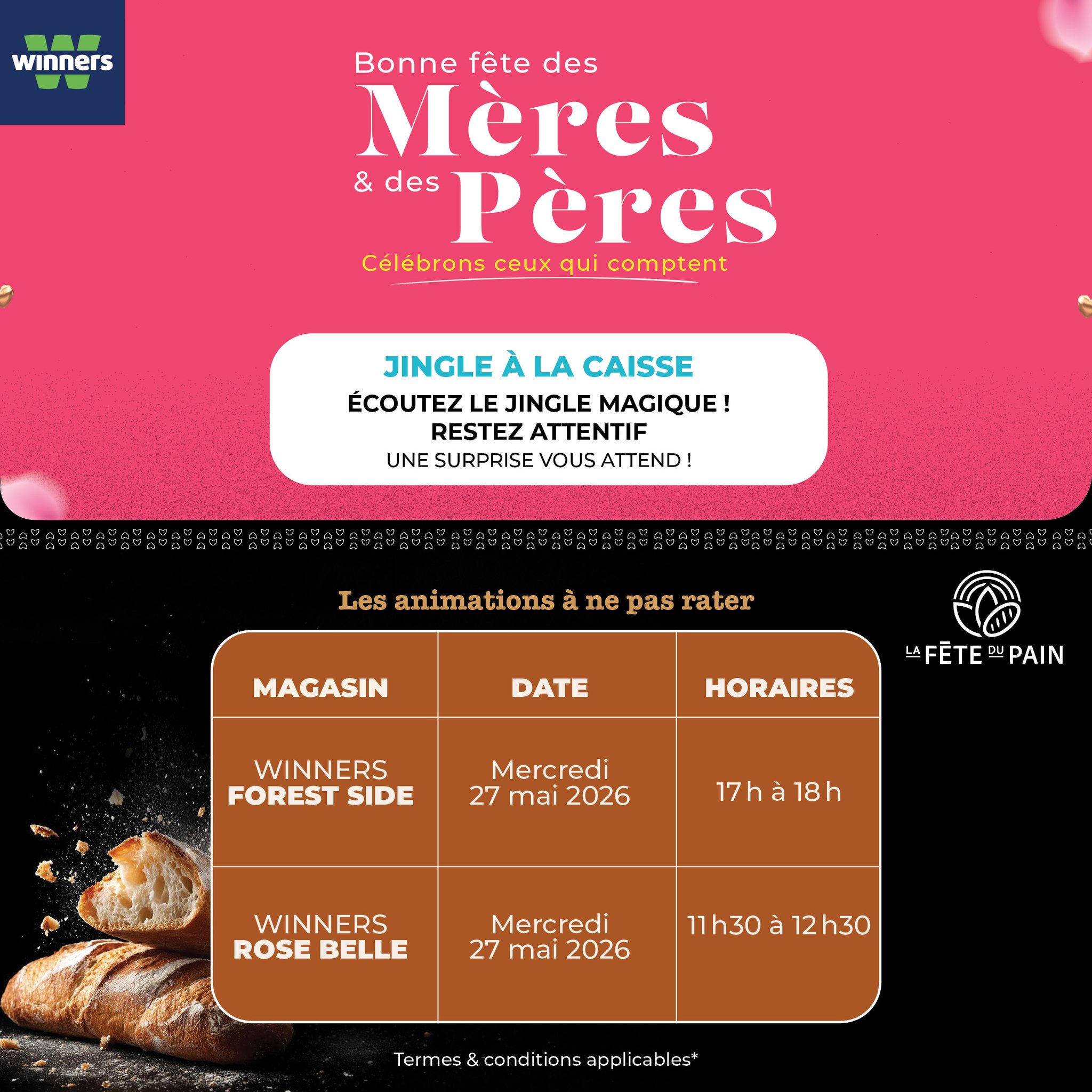 May be an image of ‎text that says "‎winners Bonne fête des Mères & des Pères Célébrons ceux qui comptent JINGLE À LA CAISSE ÉCOUTEZ LE JINGLE MAGIQUE! RESTEZATTENTIF RESTEZ ATTENTIF UNE SURPRISE VOUS ATTEND! Les animations ne pas rater MAGA...